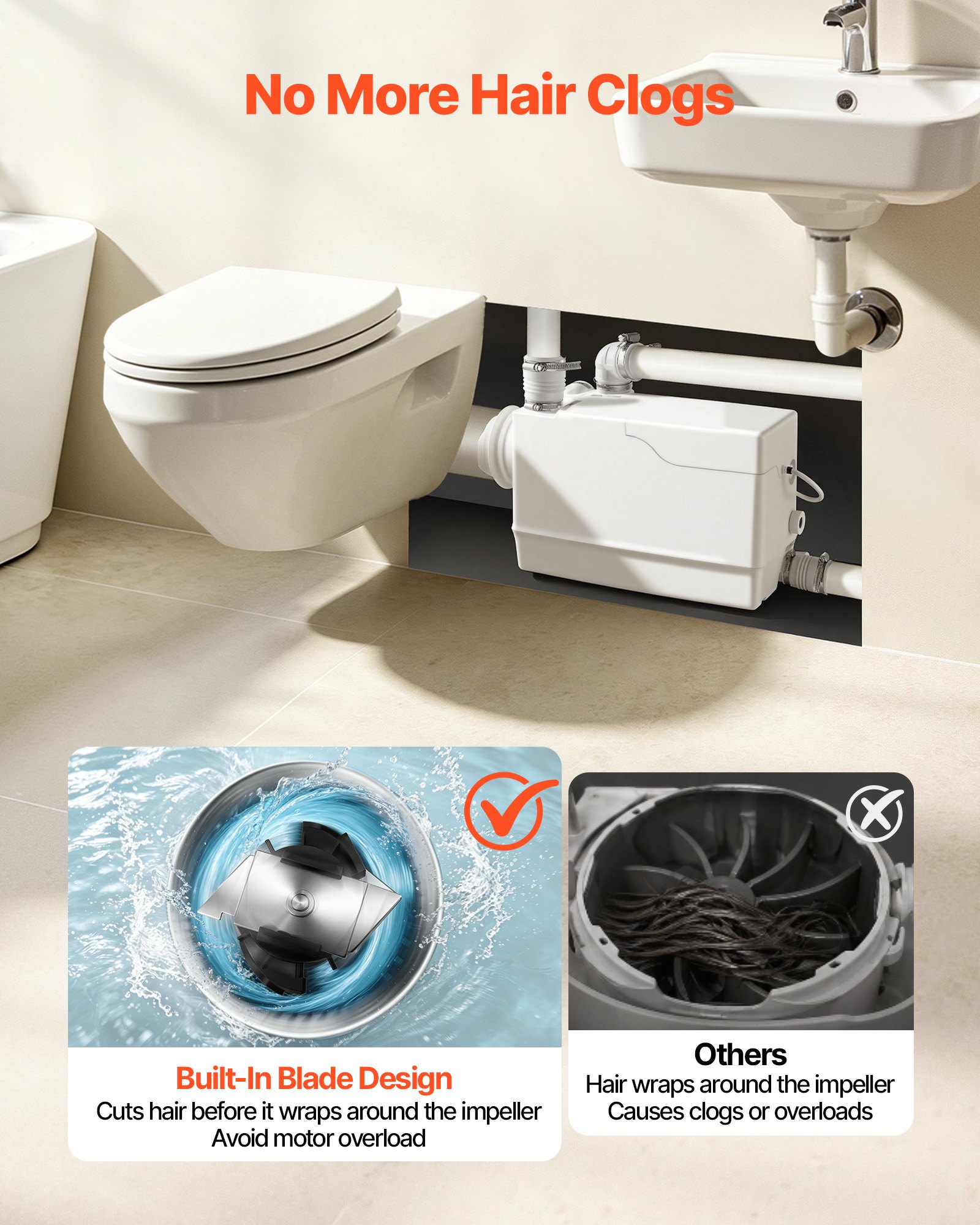 VEVOR Triturador Sanitario Bomba de Aguas Residuales para Inodoro de 800 W, Entrada Lateral, Caudal Máximo de 200 LPM, Altura de Elevación de 10 m, Con 4 Entradas, Para Sótanos, Inodoros, Lavandería