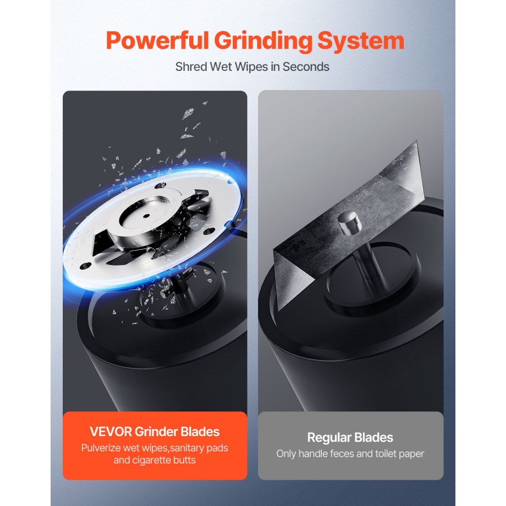 VEVOR 1200 W Bomba Trituradora para Inodoro con 4 Entradas de Agua, Caudal de 48 GPM, Altura de 10 m, Máquina de Descarga Ascendente para Eliminación de Aguas Residuales para Inodoro, Lavabo y Bañera