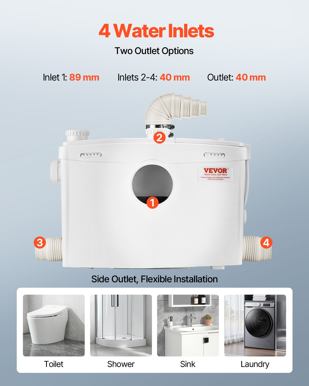 VEVOR 1200 W Bomba Trituradora para Inodoro con 4 Entradas de Agua, Caudal de 48 GPM, Altura de 10 m, Máquina de Descarga Ascendente para Eliminación de Aguas Residuales para Inodoro, Lavabo y Bañera