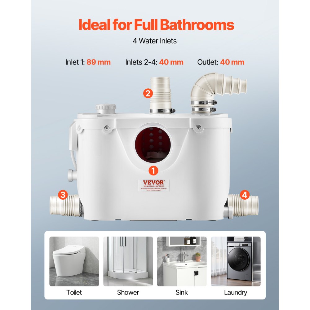 VEVOR 500 W Bomba Trituradora para Inodoro con 4 Entradas de Agua, Caudal de 29 GPM, Altura de 8 m, Máquina de Descarga Ascendente para Eliminación de Aguas Residuales para Inodoro, Lavabo y Bañera