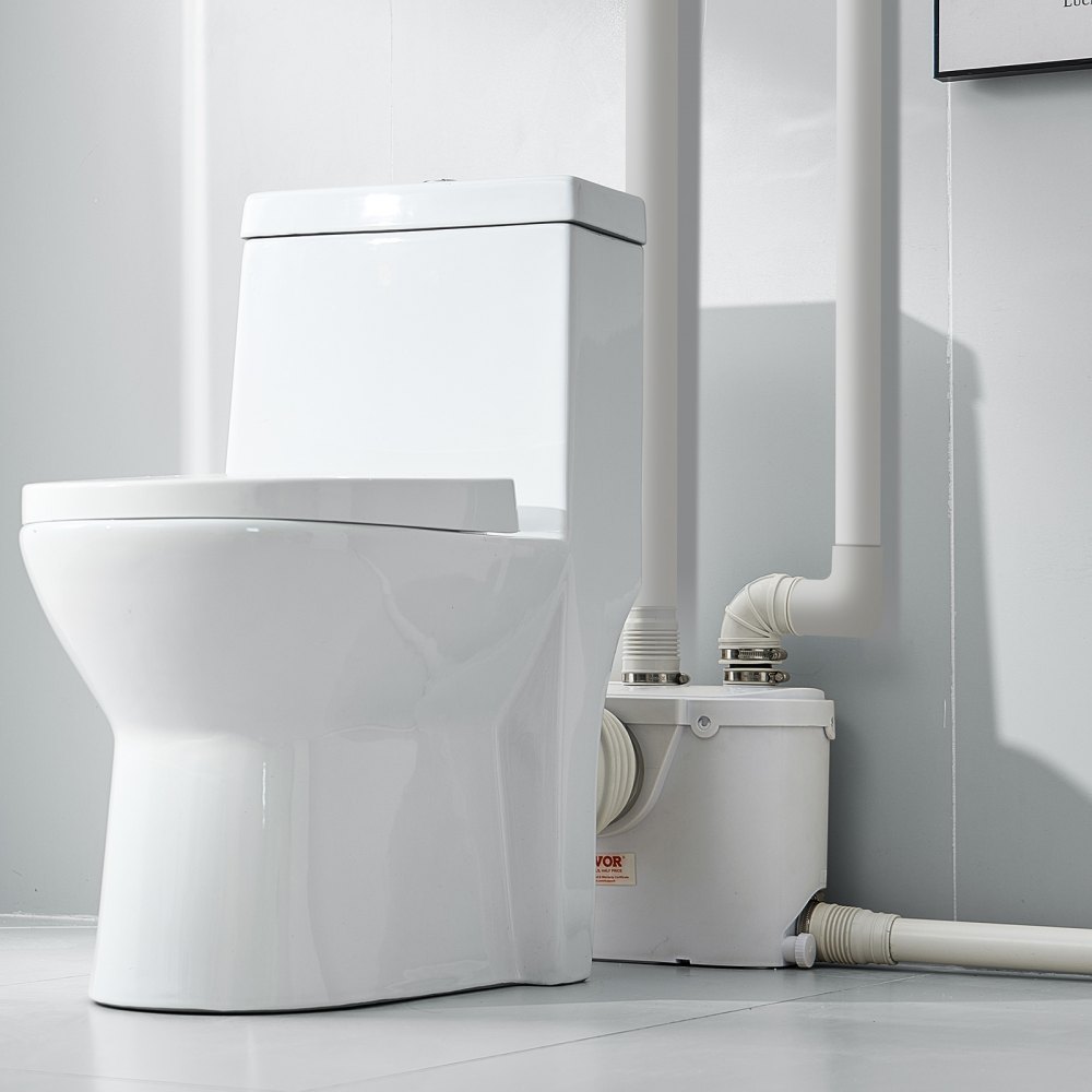 VEVOR 500 W Bomba Trituradora para Inodoro con 4 Entradas de Agua, Caudal de 29 GPM, Altura de 8 m, Máquina de Descarga Ascendente para Eliminación de Aguas Residuales para Inodoro, Lavabo y Bañera
