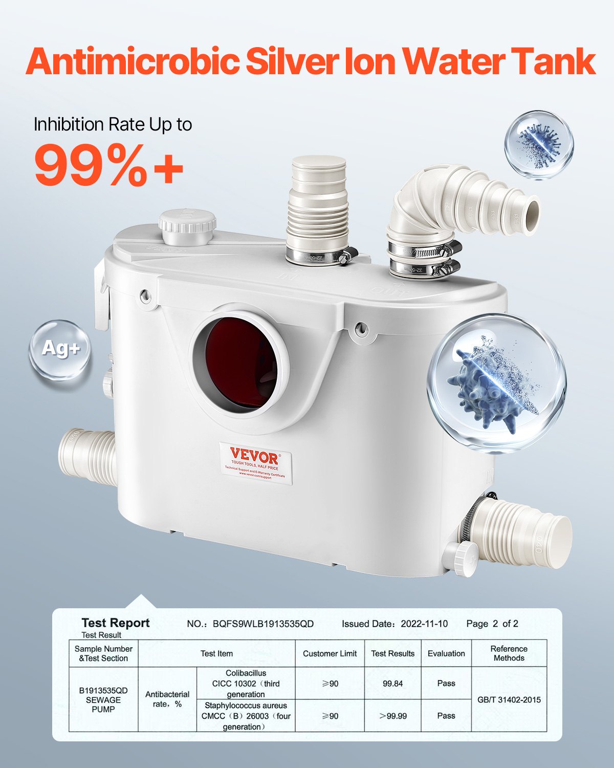 VEVOR 500 W Bomba Trituradora para Inodoro con 4 Entradas de Agua, Caudal de 29 GPM, Altura de 8 m, Máquina de Descarga Ascendente para Eliminación de Aguas Residuales para Inodoro, Lavabo y Bañera