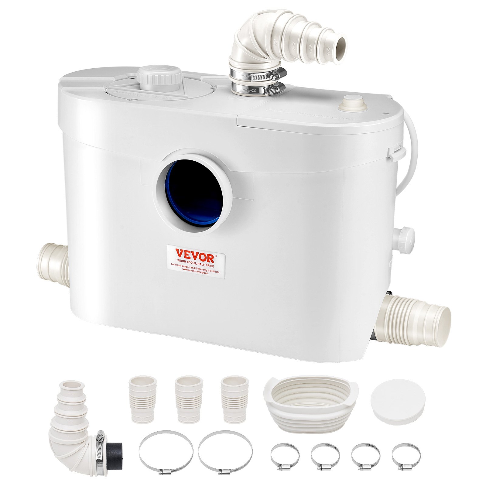 VEVOR 900 W Bomba Trituradora para Inodoro con 4 Entradas de Agua, Caudal de 48 GPM, Altura de 12 m, Máquina de Descarga Ascendente para Eliminación de Aguas Residuales para Inodoro, Lavabo y Bañera