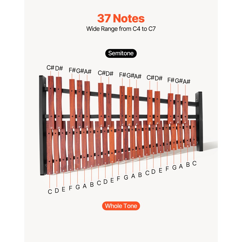 VEVOR Xilófono Glockenspiel de 37 Notas, Instrumento de Percusión Profesional de Madera, con Soporte de Altura Ajustable, 4 Mazos y Bolsa de Transporte, para Principiantes, C4-C7, Color Marrón