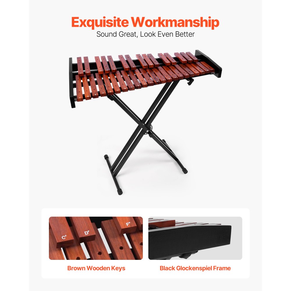 VEVOR Xilófono Glockenspiel de 37 Notas, Instrumento de Percusión Profesional de Madera, con Soporte de Altura Ajustable, 4 Mazos y Bolsa de Transporte, para Principiantes, C4-C7, Color Marrón