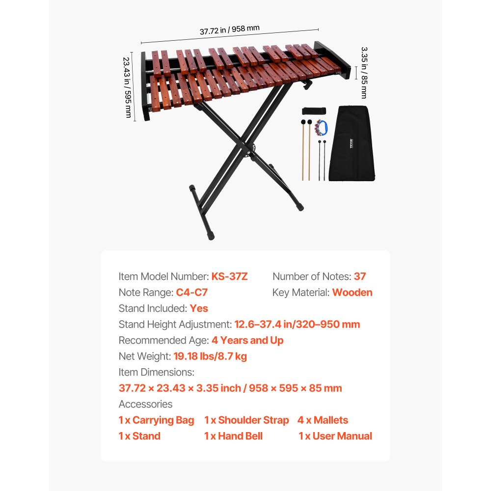 VEVOR Xilófono Glockenspiel de 37 Notas, Instrumento de Percusión Profesional de Madera, con Soporte de Altura Ajustable, 4 Mazos y Bolsa de Transporte, para Principiantes, C4-C7, Color Marrón