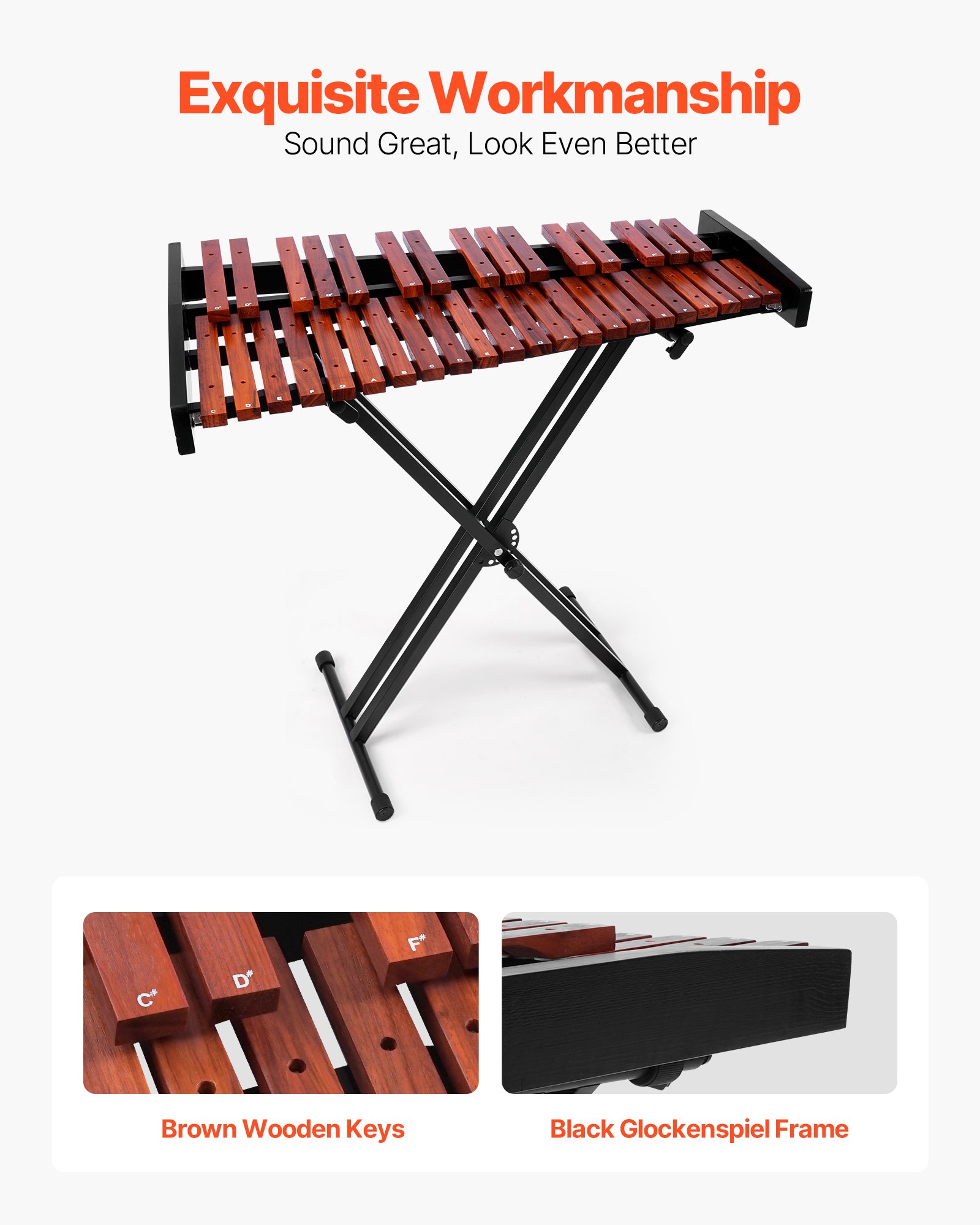 VEVOR Xilófono Glockenspiel de 37 Notas, Instrumento de Percusión Profesional de Madera, con Soporte de Altura Ajustable, 4 Mazos y Bolsa de Transporte, para Principiantes, C4-C7, Color Marrón