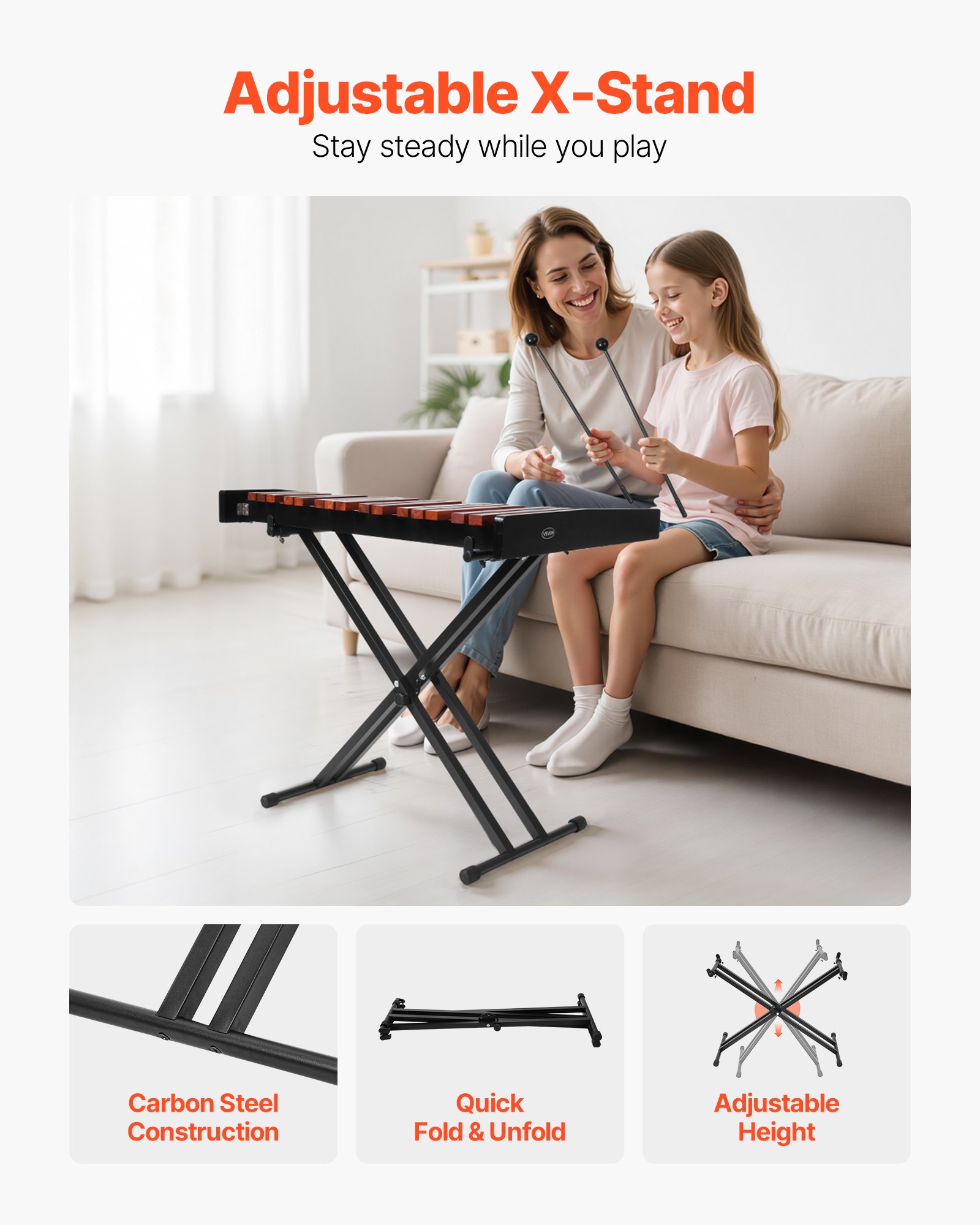 VEVOR Xilófono Glockenspiel de 37 Notas, Instrumento de Percusión Profesional de Madera, con Soporte de Altura Ajustable, 4 Mazos y Bolsa de Transporte, para Principiantes, C4-C7, Color Marrón