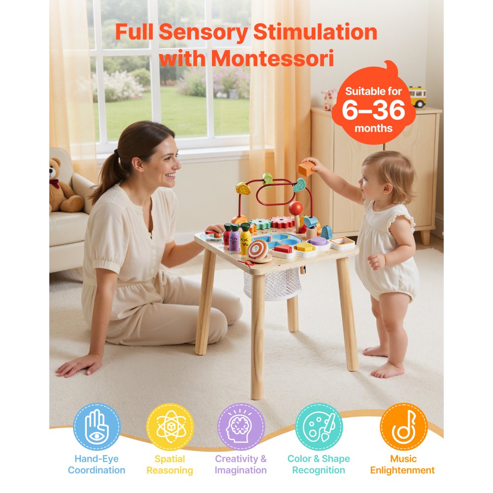 VEVOR Mesa de Actividades Montessori 8 en 1, Mesa de Aprendizaje Sensorial de Madera con Xilófono, Engranajes, Motricidad Fina, Juguetes Interactivos de Desarrollo, para Bebé Niños Más de 6 Meses