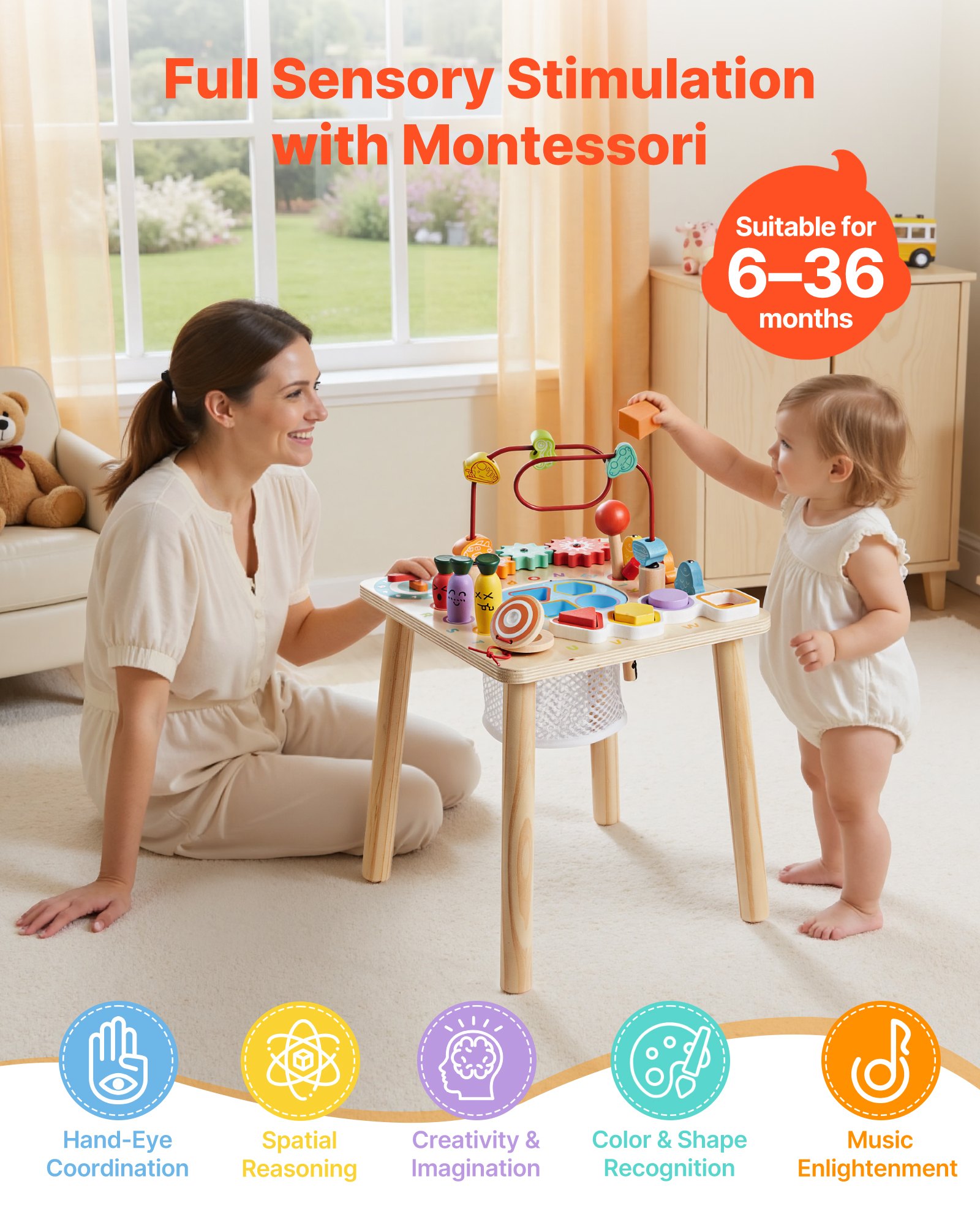 VEVOR Mesa de Actividades Montessori 8 en 1, Mesa de Aprendizaje Sensorial de Madera con Xilófono, Engranajes, Motricidad Fina, Juguetes Interactivos de Desarrollo, para Bebé Niños Más de 6 Meses