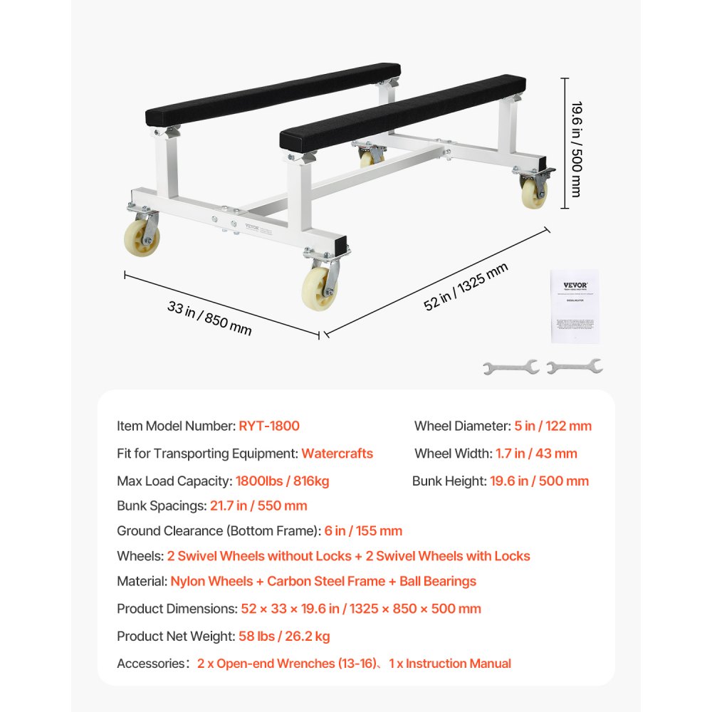 VEVOR Plataforma Rodante para Moto Acuática de 1325 x 850 x 510 mm, Carga de 816 kg, Soporte para Moto de Agua, Carrito PWC con 4 Ruedas y 2 Frenos para Mover Motos de Agua, Kayaks, Lanchas Rápidas