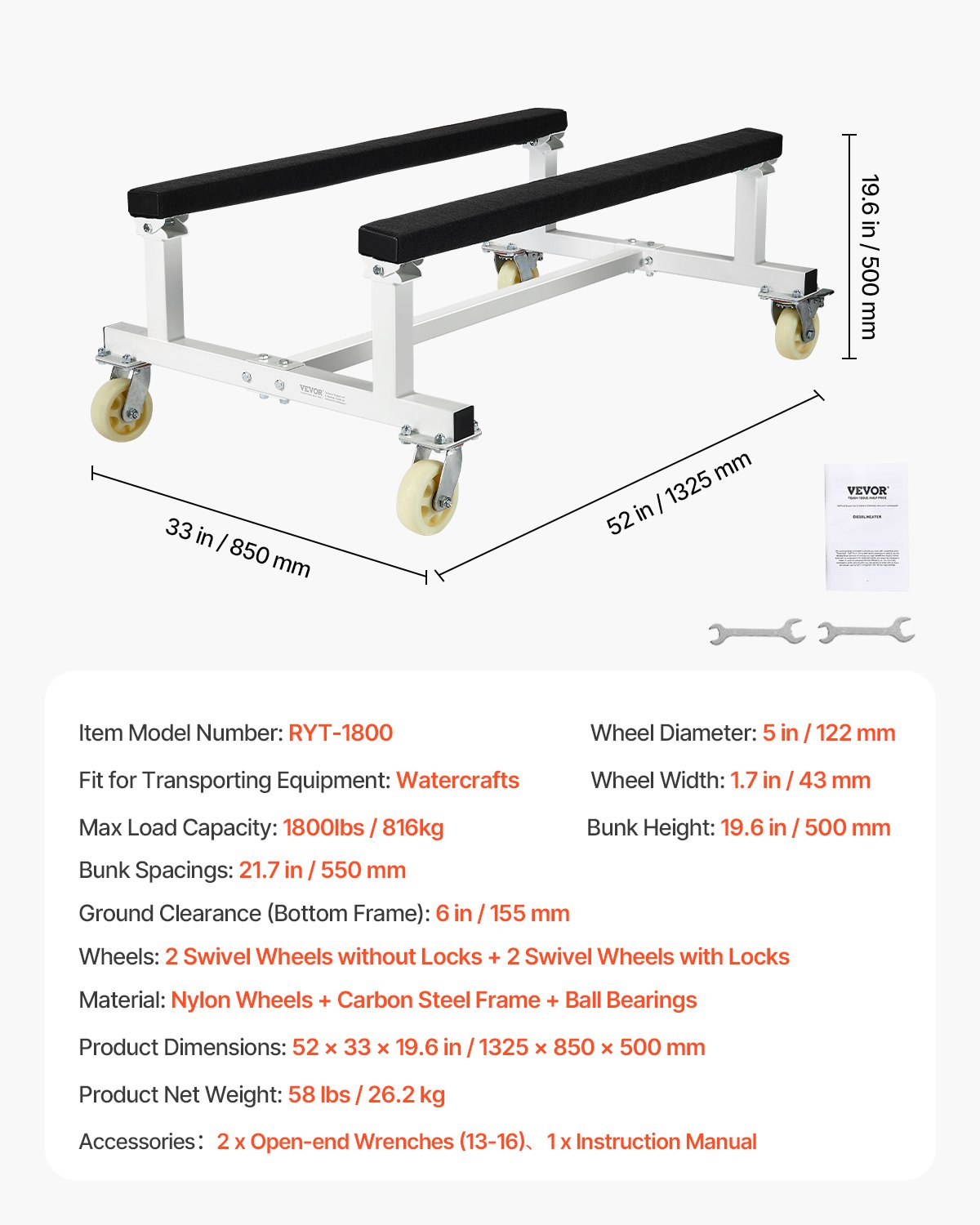 VEVOR Plataforma Rodante para Moto Acuática de 1325 x 850 x 510 mm, Carga de 816 kg, Soporte para Moto de Agua, Carrito PWC con 4 Ruedas y 2 Frenos para Mover Motos de Agua, Kayaks, Lanchas Rápidas