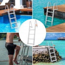VEVOR Escalera de Muelle, 4 Escalones Extraíbles, Escalera de Pontón de Aleación de Aluminio con Escalón y Alfombrilla de Goma Antideslizante, Fácil de Instalar para Barco/Lago/Piscina/Embarque Marino