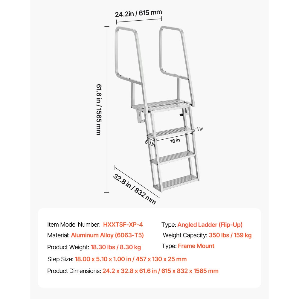 VEVOR Escalera de Muelle de Aleación de Aluminio 457 x 130 x 25 mm, Soporta 159 kg con 4 Peldaños Antideslizantes, Escalera de Pontón Abatible con Pasamanos, Cuerda, para Piscinas Embarcaciones Barcos