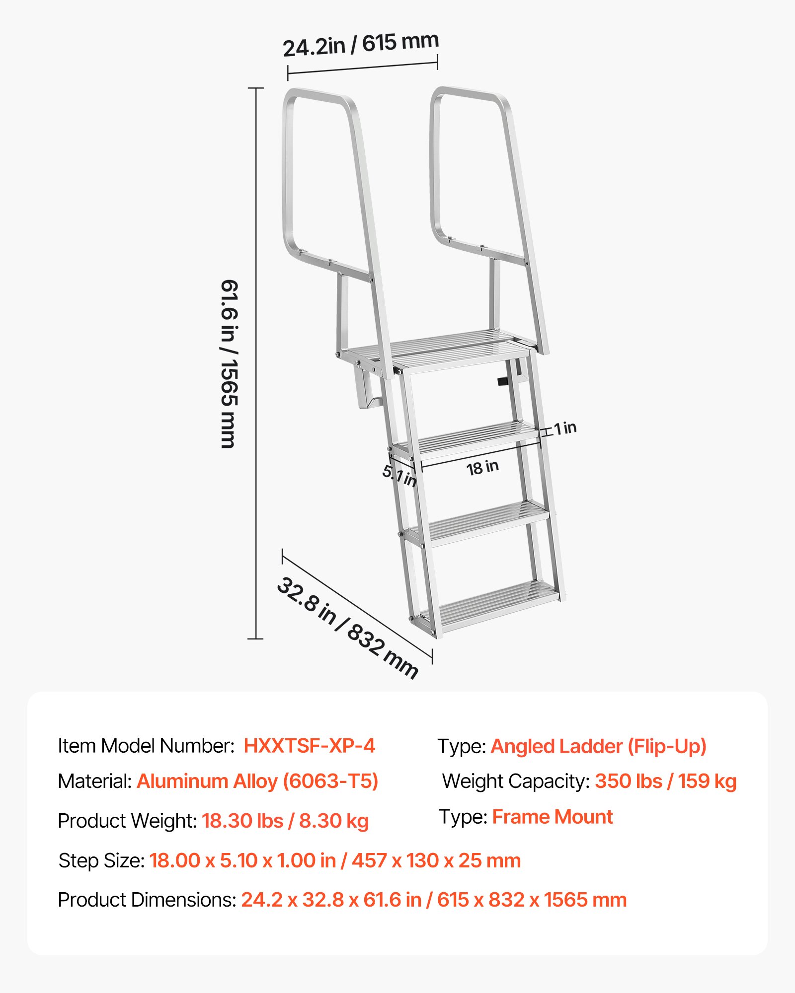 VEVOR Escalera de Muelle de Aleación de Aluminio 457 x 130 x 25 mm, Soporta 159 kg con 4 Peldaños Antideslizantes, Escalera de Pontón Abatible con Pasamanos, Cuerda, para Piscinas Embarcaciones Barcos