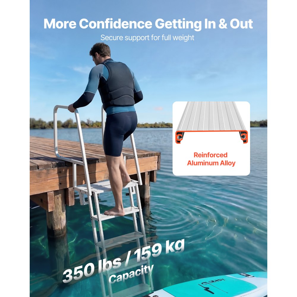 VEVOR Escalera de Muelle de Aluminio con 5 Peldaños Antideslizantes, Escalera de Pontón Abatible con Cuerda, Pasamanos, Capacidad de Carga 159 kg, Uso en Piscinas Barcos Lago Embarcaciones Natación