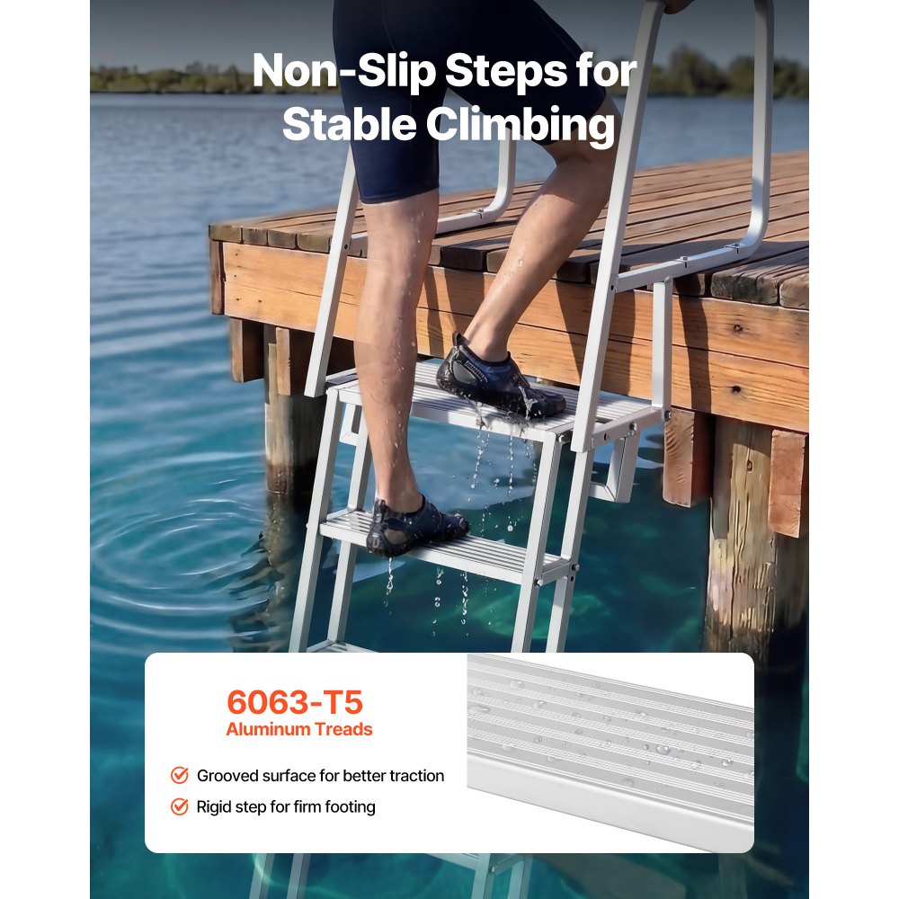 VEVOR Escalera de Muelle de Aluminio con 5 Peldaños Antideslizantes, Escalera de Pontón Abatible con Cuerda, Pasamanos, Capacidad de Carga 159 kg, Uso en Piscinas Barcos Lago Embarcaciones Natación