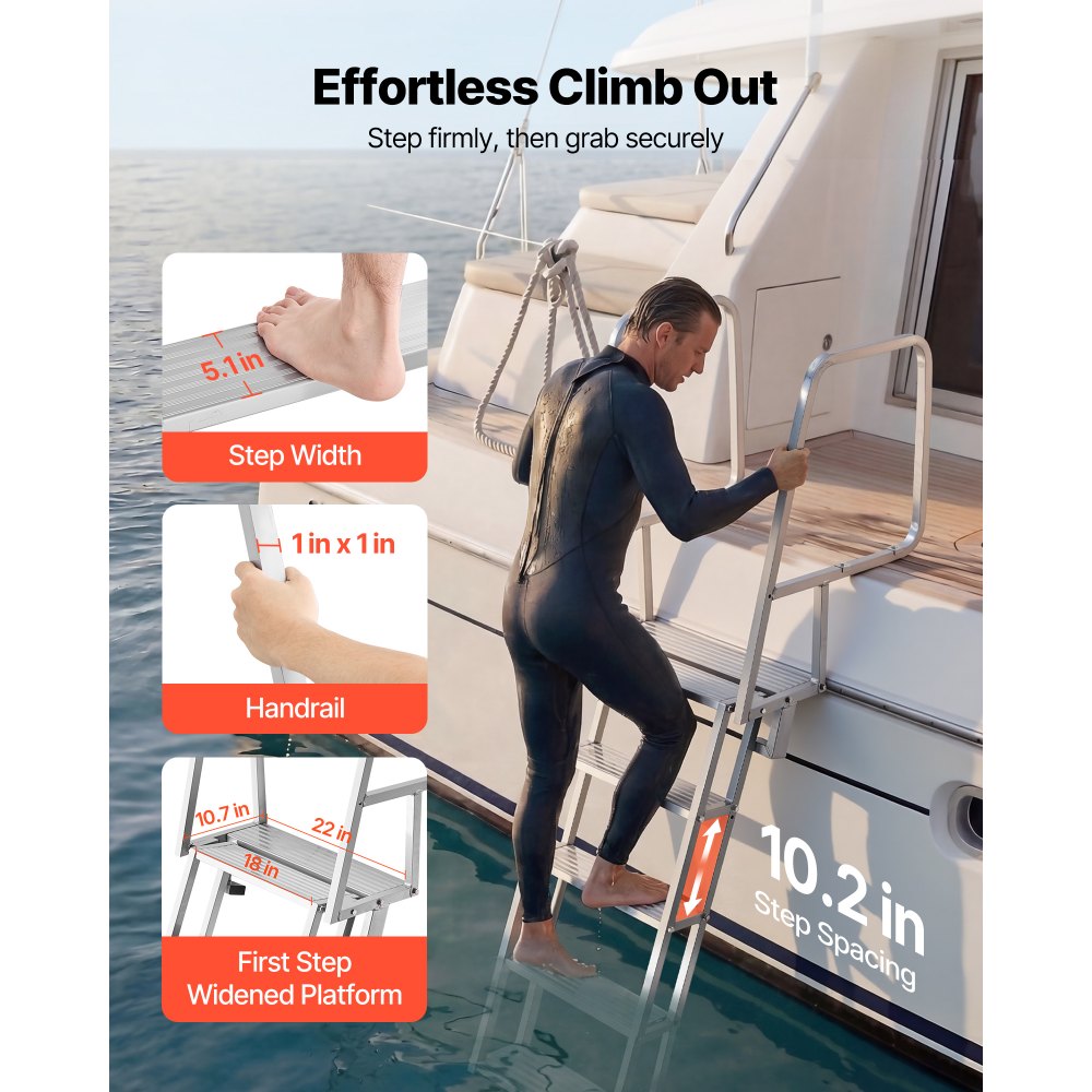 VEVOR Escalera de Muelle de Aluminio con 5 Peldaños Antideslizantes, Escalera de Pontón Abatible con Cuerda, Pasamanos, Capacidad de Carga 159 kg, Uso en Piscinas Barcos Lago Embarcaciones Natación