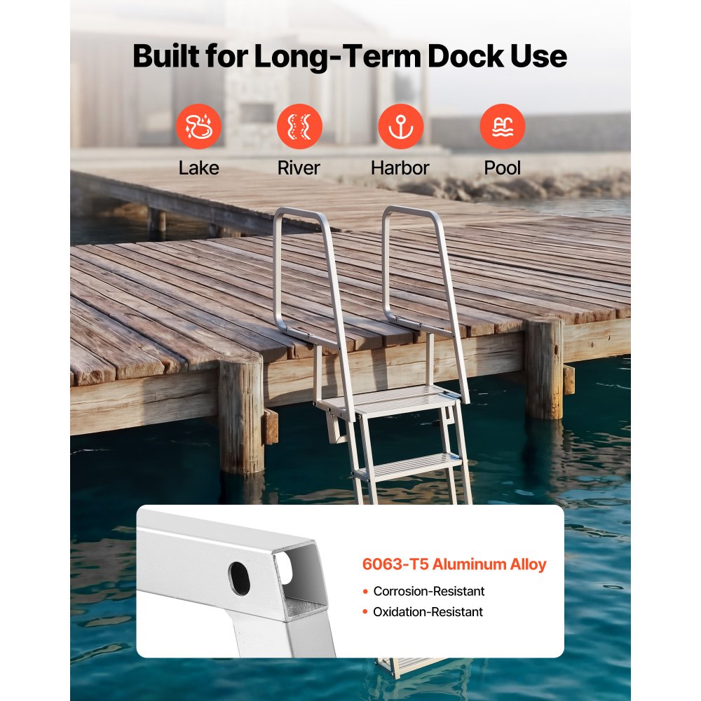 VEVOR Escalera de Muelle de Aluminio con 5 Peldaños Antideslizantes, Escalera de Pontón Abatible con Cuerda, Pasamanos, Capacidad de Carga 159 kg, Uso en Piscinas Barcos Lago Embarcaciones Natación