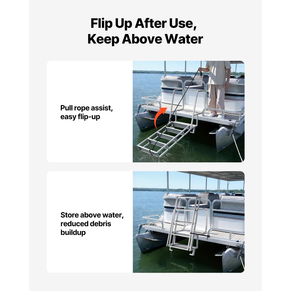 VEVOR Escalera de Muelle de Aluminio con 5 Peldaños Antideslizantes, Escalera de Pontón Abatible con Cuerda, Pasamanos, Capacidad de Carga 159 kg, Uso en Piscinas Barcos Lago Embarcaciones Natación