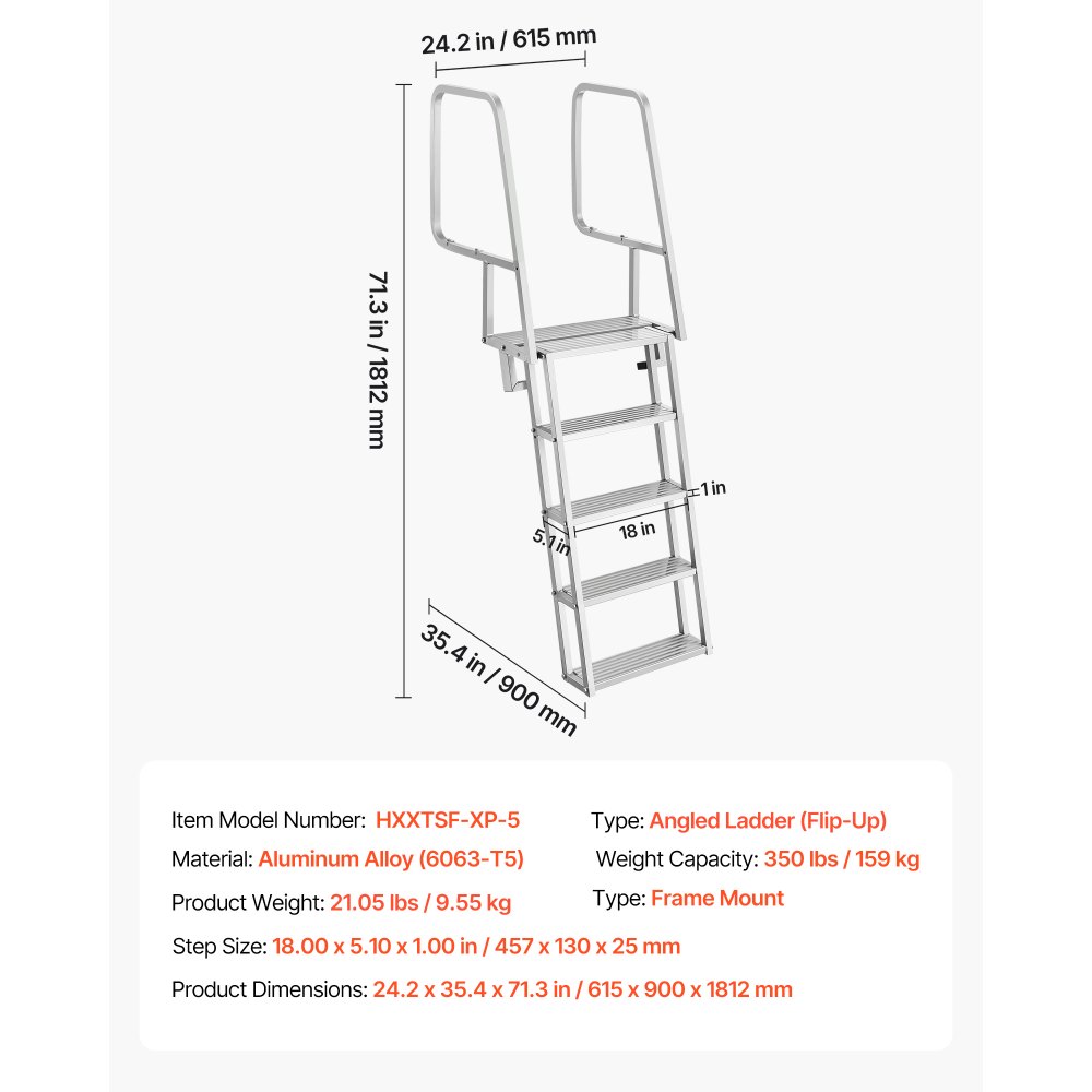 VEVOR Escalera de Muelle de Aluminio con 5 Peldaños Antideslizantes, Escalera de Pontón Abatible con Cuerda, Pasamanos, Capacidad de Carga 159 kg, Uso en Piscinas Barcos Lago Embarcaciones Natación