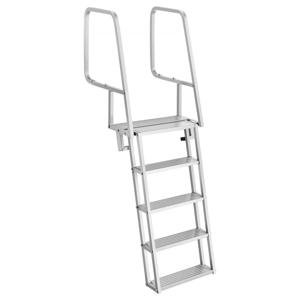VEVOR Escalera de Muelle de Aluminio con 5 Peldaños Antideslizantes, Escalera de Pontón Abatible con Cuerda, Pasamanos, Capacidad de Carga 159 kg, Uso en Piscinas Barcos Lago Embarcaciones Natación