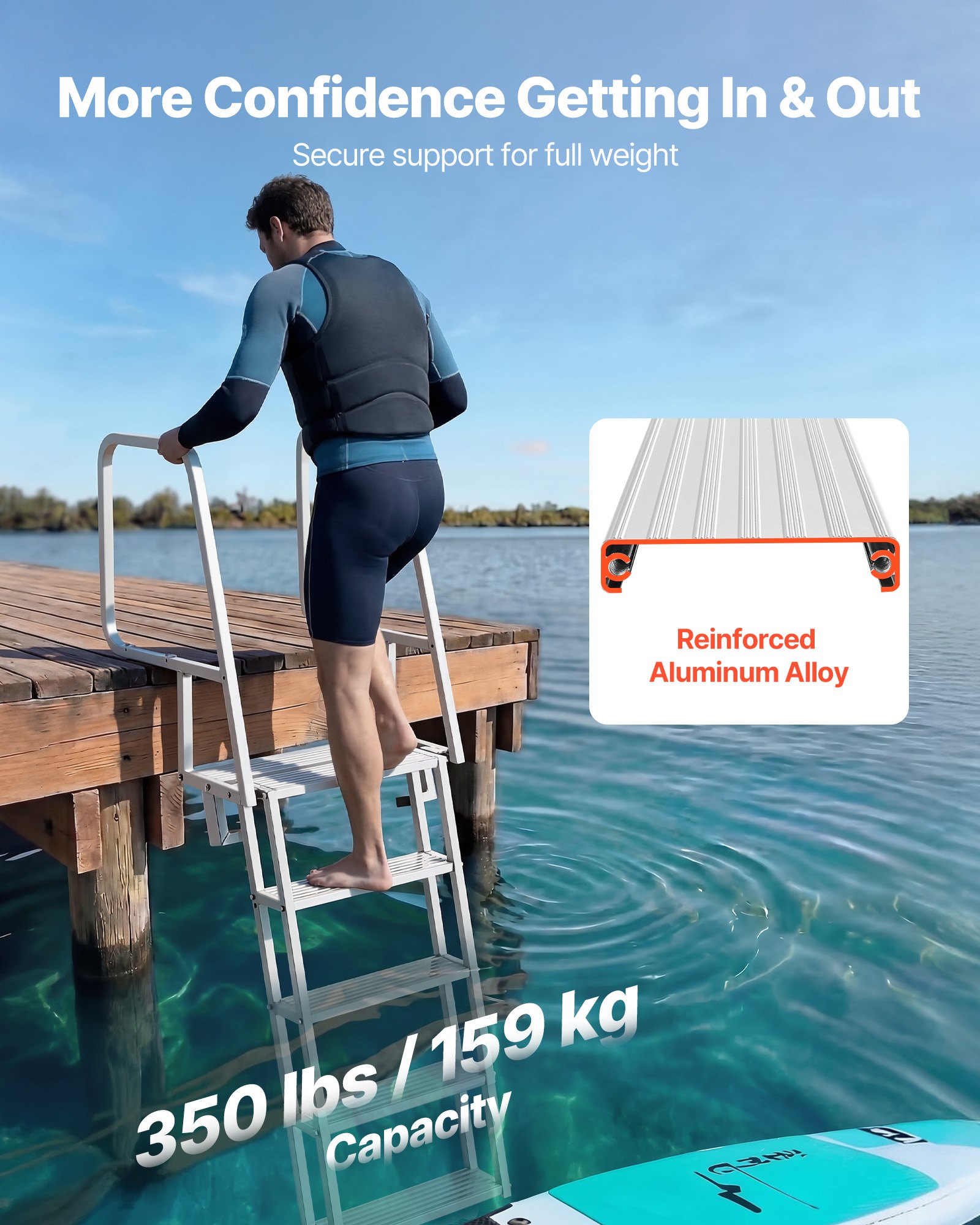 VEVOR Escalera de Muelle de Aluminio con 5 Peldaños Antideslizantes, Escalera de Pontón Abatible con Cuerda, Pasamanos, Capacidad de Carga 159 kg, Uso en Piscinas Barcos Lago Embarcaciones Natación