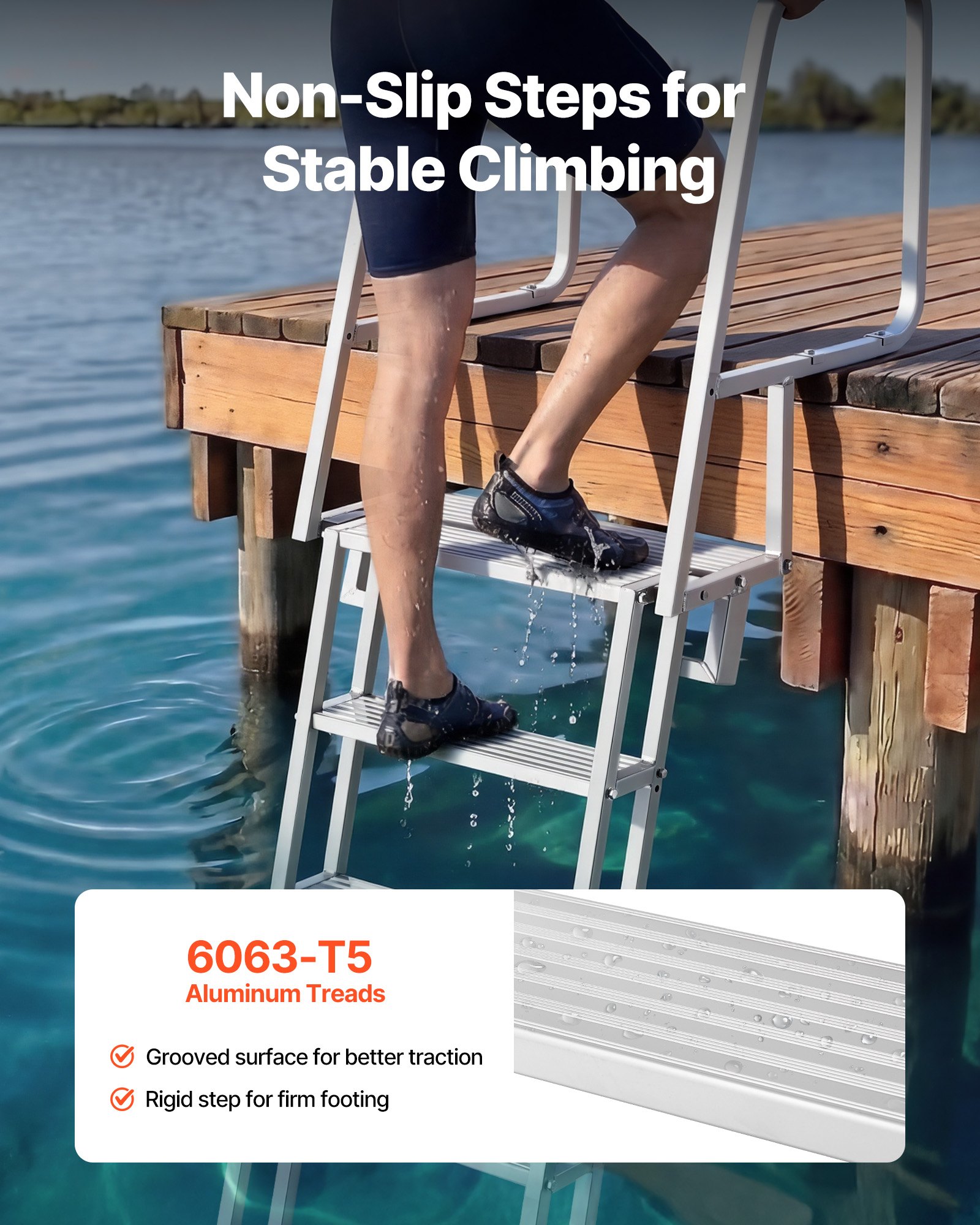 VEVOR Escalera de Muelle de Aluminio con 5 Peldaños Antideslizantes, Escalera de Pontón Abatible con Cuerda, Pasamanos, Capacidad de Carga 159 kg, Uso en Piscinas Barcos Lago Embarcaciones Natación