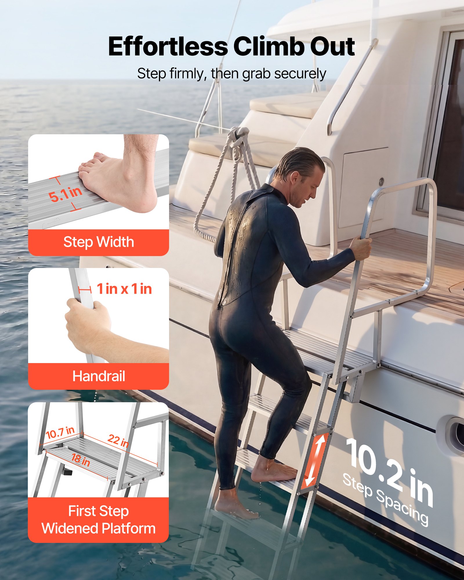 VEVOR Escalera de Muelle de Aluminio con 5 Peldaños Antideslizantes, Escalera de Pontón Abatible con Cuerda, Pasamanos, Capacidad de Carga 159 kg, Uso en Piscinas Barcos Lago Embarcaciones Natación