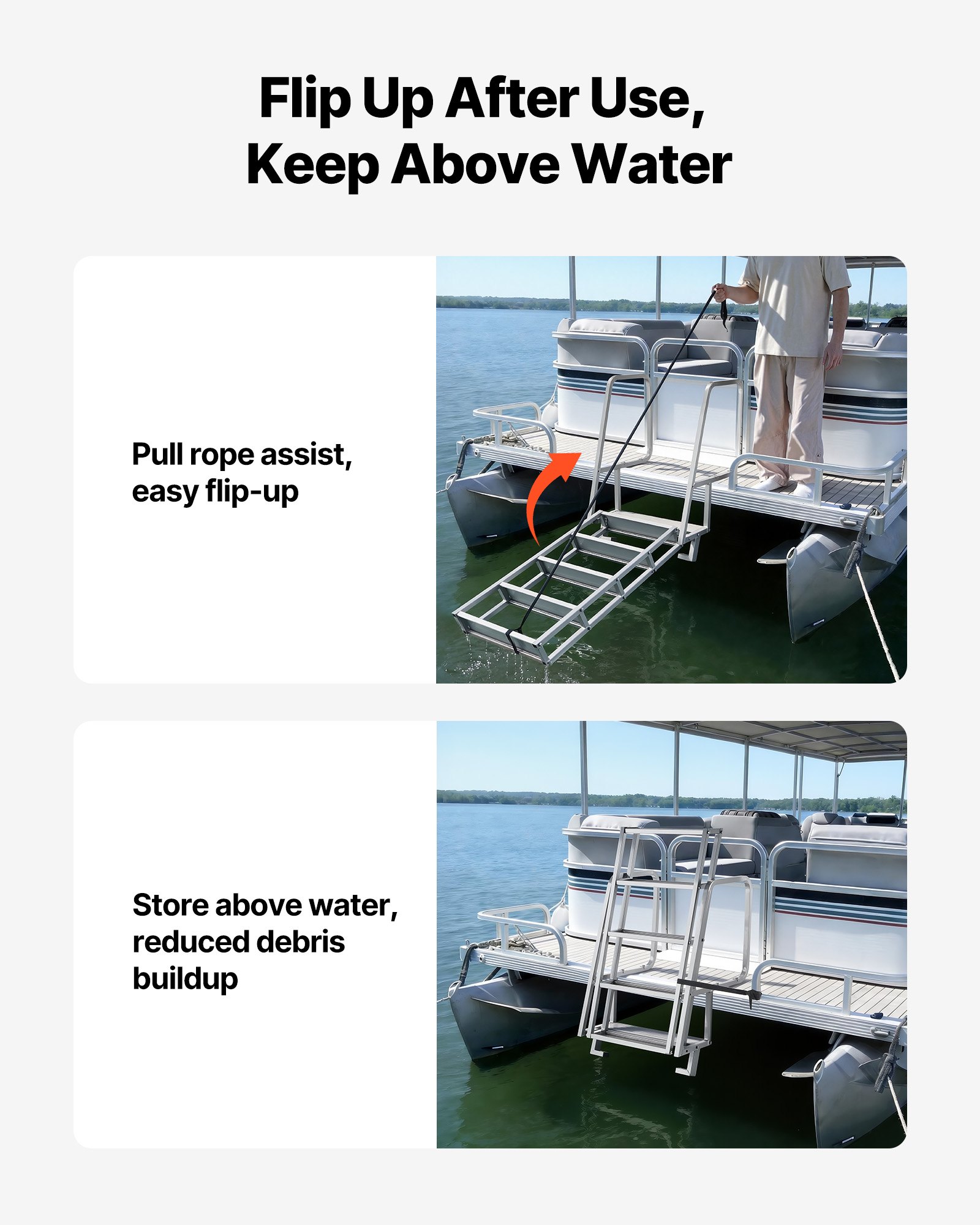 VEVOR Escalera de Muelle de Aluminio con 5 Peldaños Antideslizantes, Escalera de Pontón Abatible con Cuerda, Pasamanos, Capacidad de Carga 159 kg, Uso en Piscinas Barcos Lago Embarcaciones Natación