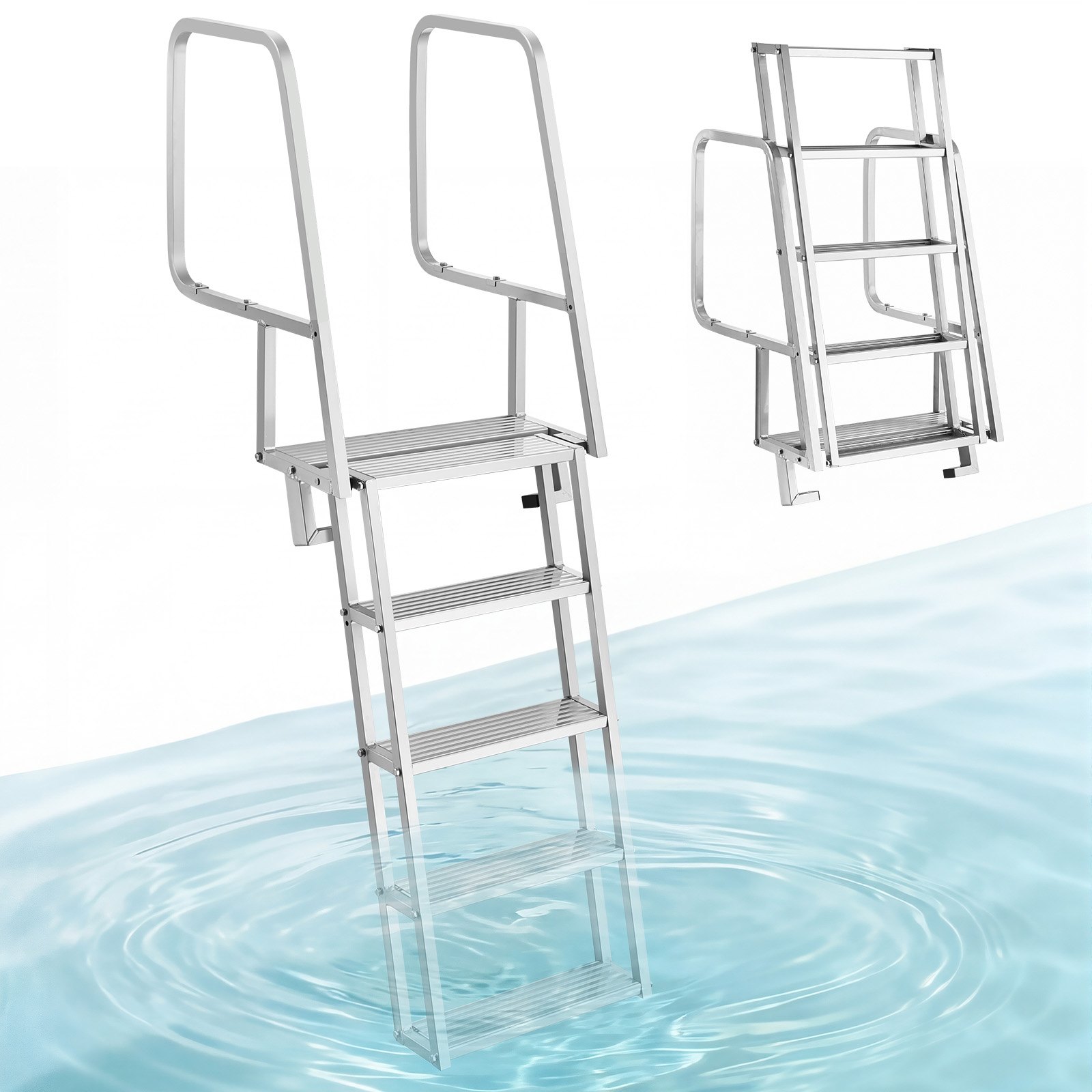 VEVOR Escalera de Muelle de Aluminio con 5 Peldaños Antideslizantes, Escalera de Pontón Abatible con Cuerda, Pasamanos, Capacidad de Carga 159 kg, Uso en Piscinas Barcos Lago Embarcaciones Natación