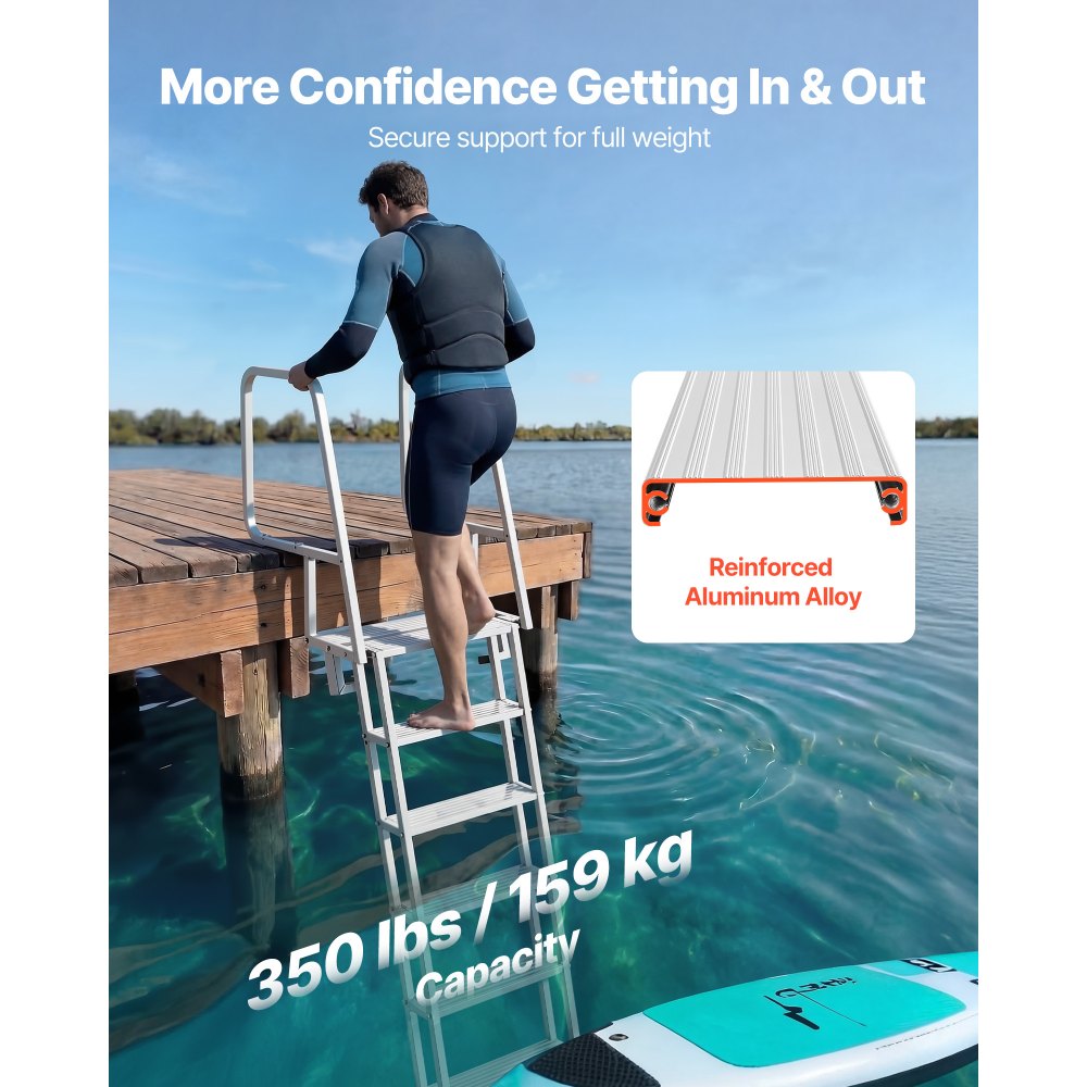 VEVOR Escalera de Muelle de Aleación de Aluminio con 6 Peldaños Antideslizantes, Escalera de Pontón Abatible con Pasamanos, Cuerda, Soporta 159 kg, Uso en Piscinas Embarcaciones Natación Barcos Lago