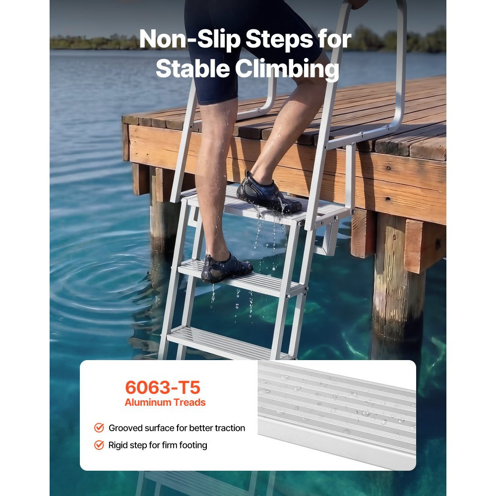 VEVOR Escalera de Muelle de Aleación de Aluminio con 6 Peldaños Antideslizantes, Escalera de Pontón Abatible con Pasamanos, Cuerda, Soporta 159 kg, Uso en Piscinas Embarcaciones Natación Barcos Lago