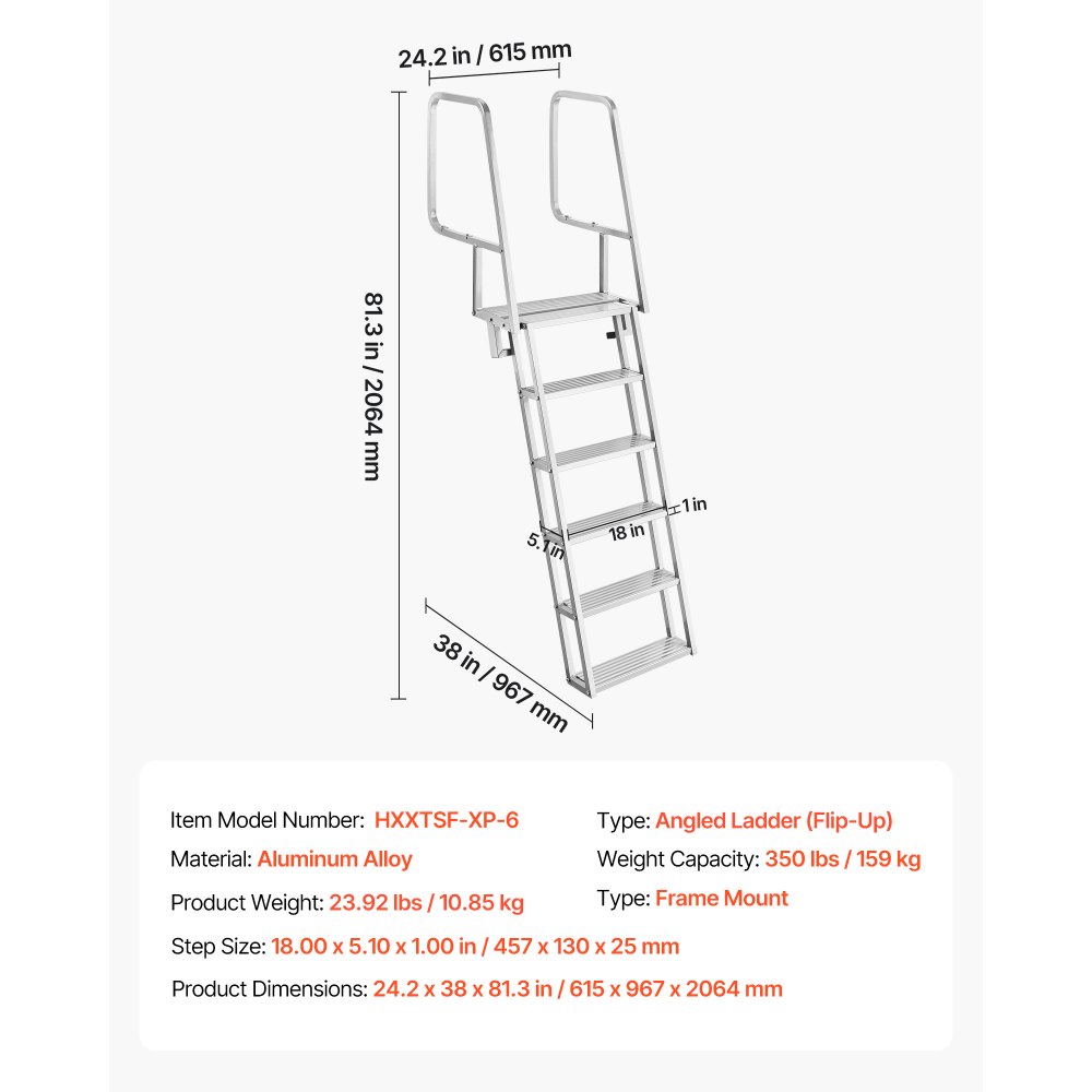 VEVOR Escalera de Muelle de Aleación de Aluminio con 6 Peldaños Antideslizantes, Escalera de Pontón Abatible con Pasamanos, Cuerda, Soporta 159 kg, Uso en Piscinas Embarcaciones Natación Barcos Lago