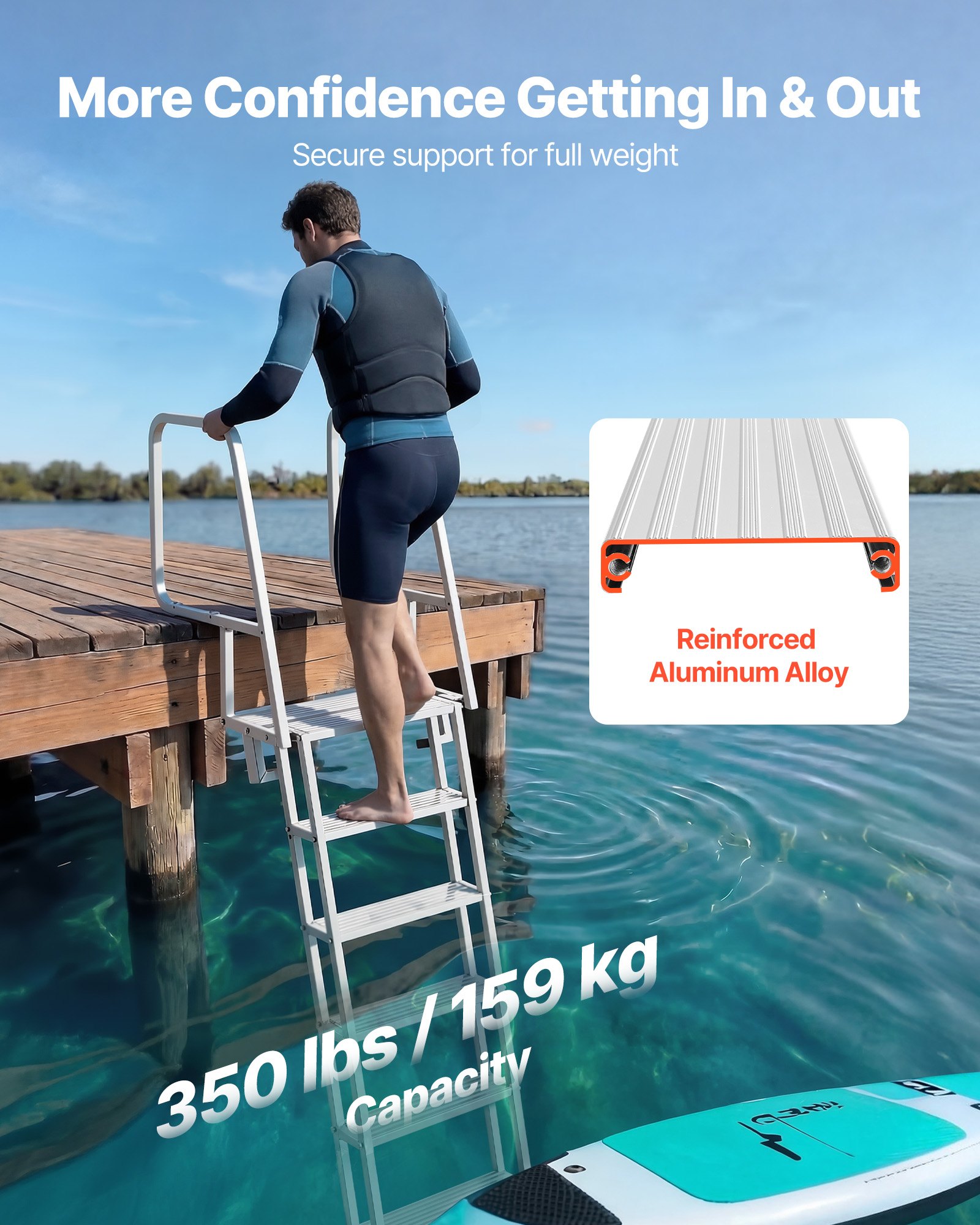VEVOR Escalera de Muelle de Aleación de Aluminio con 6 Peldaños Antideslizantes, Escalera de Pontón Abatible con Pasamanos, Cuerda, Soporta 159 kg, Uso en Piscinas Embarcaciones Natación Barcos Lago