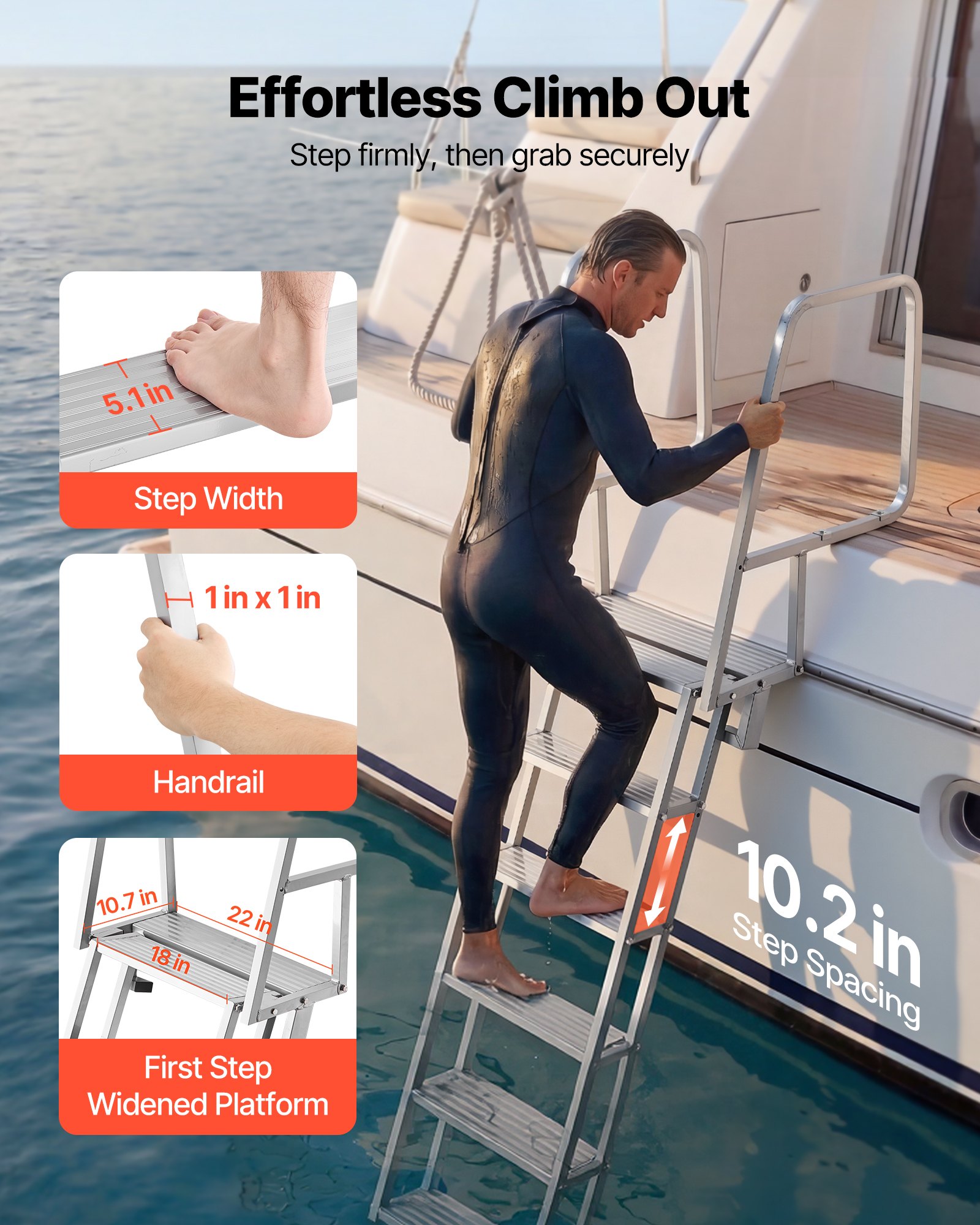 VEVOR Escalera de Muelle de Aleación de Aluminio con 6 Peldaños Antideslizantes, Escalera de Pontón Abatible con Pasamanos, Cuerda, Soporta 159 kg, Uso en Piscinas Embarcaciones Natación Barcos Lago