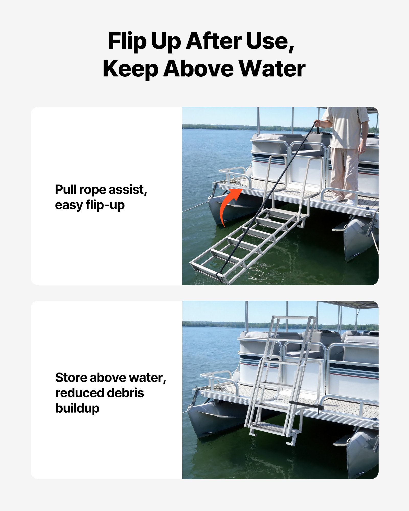 VEVOR Escalera de Muelle de Aleación de Aluminio con 6 Peldaños Antideslizantes, Escalera de Pontón Abatible con Pasamanos, Cuerda, Soporta 159 kg, Uso en Piscinas Embarcaciones Natación Barcos Lago