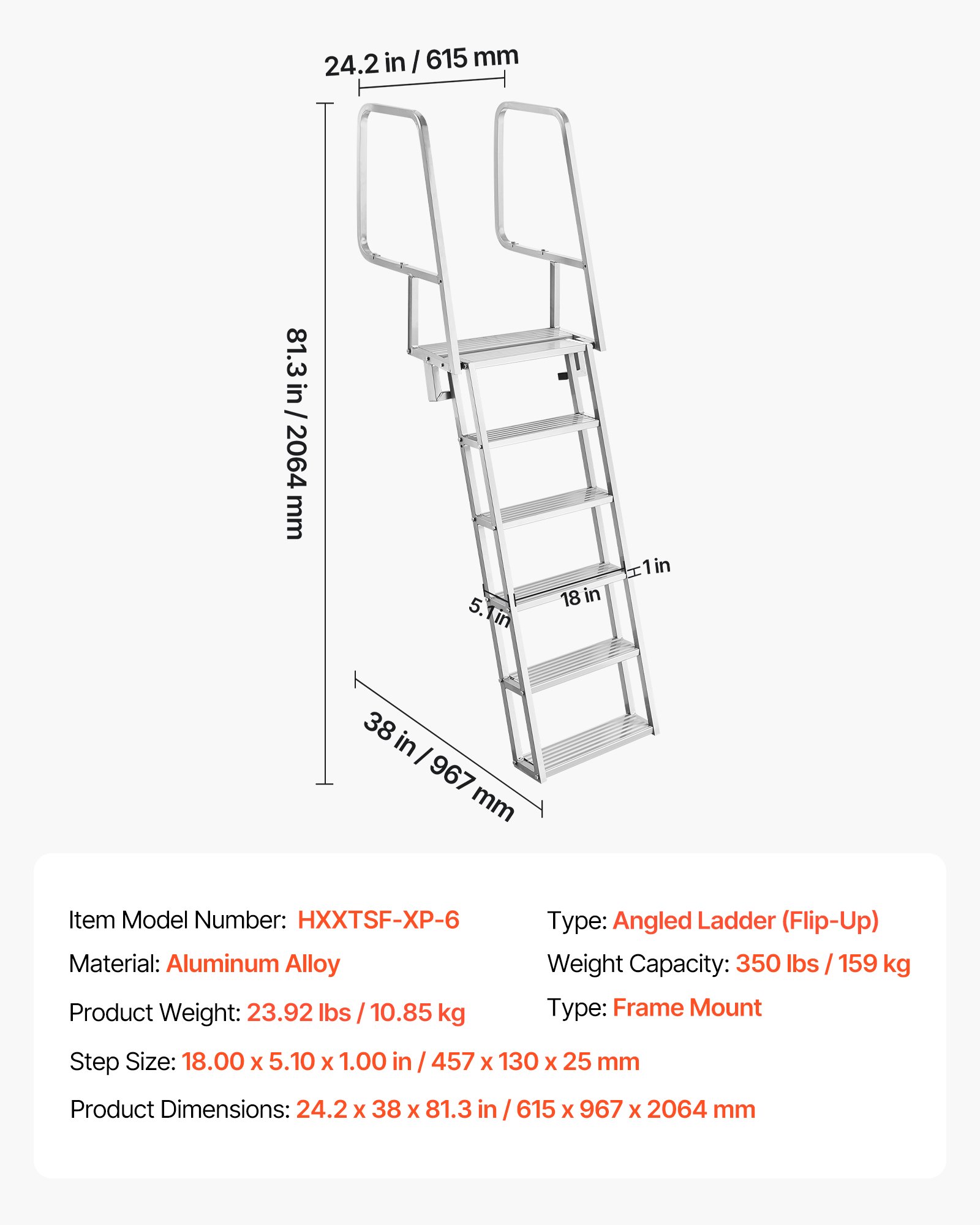 VEVOR Escalera de Muelle de Aleación de Aluminio con 6 Peldaños Antideslizantes, Escalera de Pontón Abatible con Pasamanos, Cuerda, Soporta 159 kg, Uso en Piscinas Embarcaciones Natación Barcos Lago