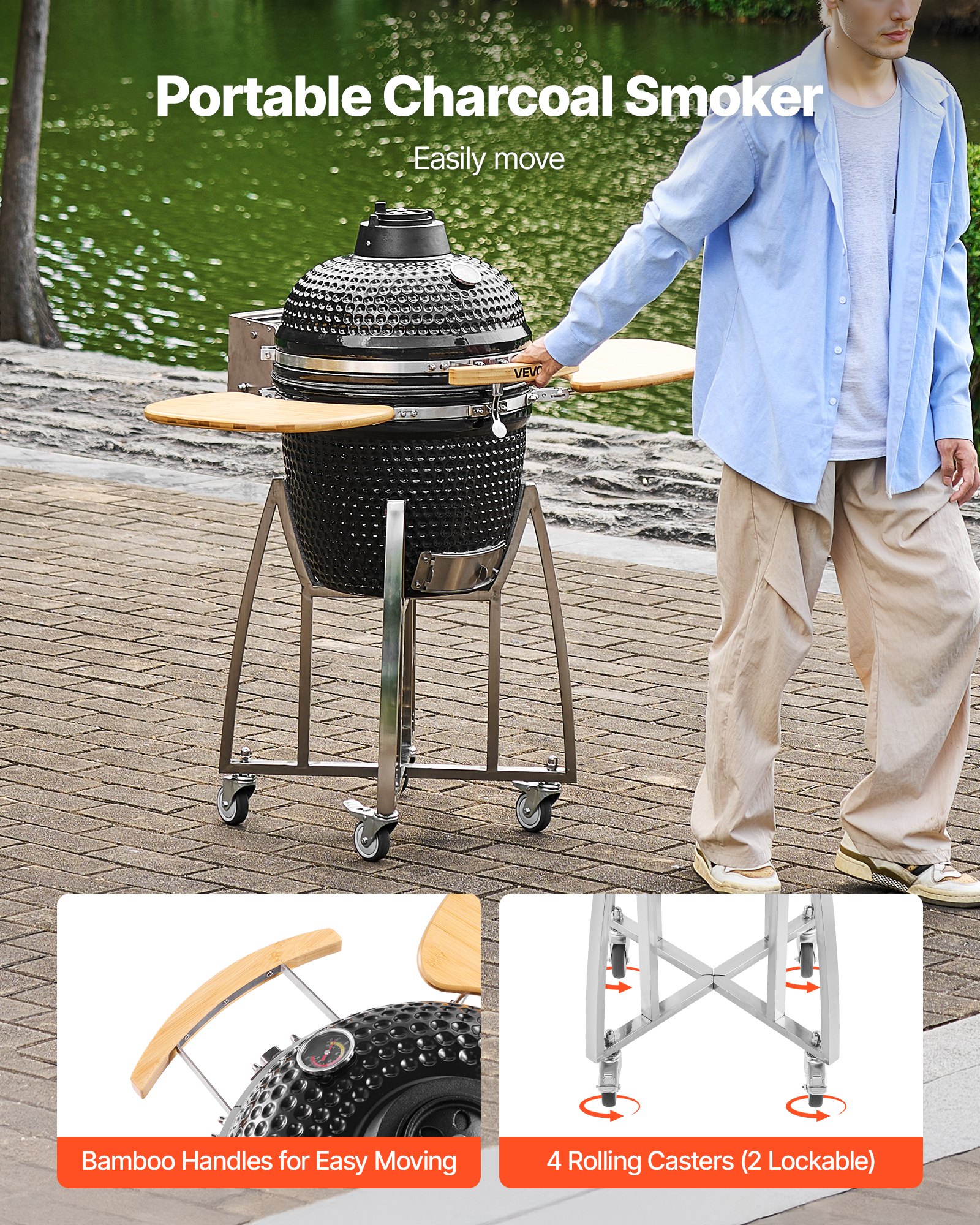 VEVOR Ahumador y Parrilla de Carbón, Parrilla de Cerámica Móvil con 4 Euedas, Termómetro Integrado, Rejillas de Ventilación y Estante Lateral para Cocinar al Aire Libre en el Patio, 1150 x 690 x 1120 mm
