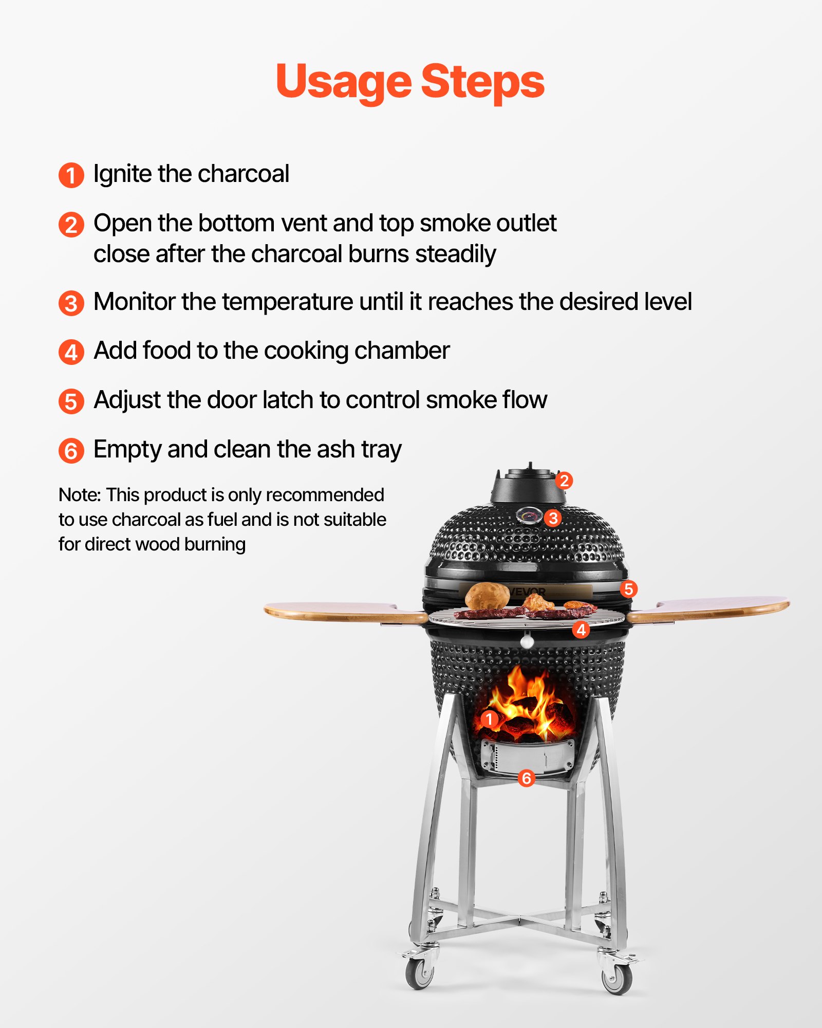 VEVOR Ahumador y Parrilla de Carbón, Parrilla de Cerámica Móvil con 4 Euedas, Termómetro Integrado, Rejillas de Ventilación y Estante Lateral para Cocinar al Aire Libre en el Patio, 1150 x 690 x 1120 mm