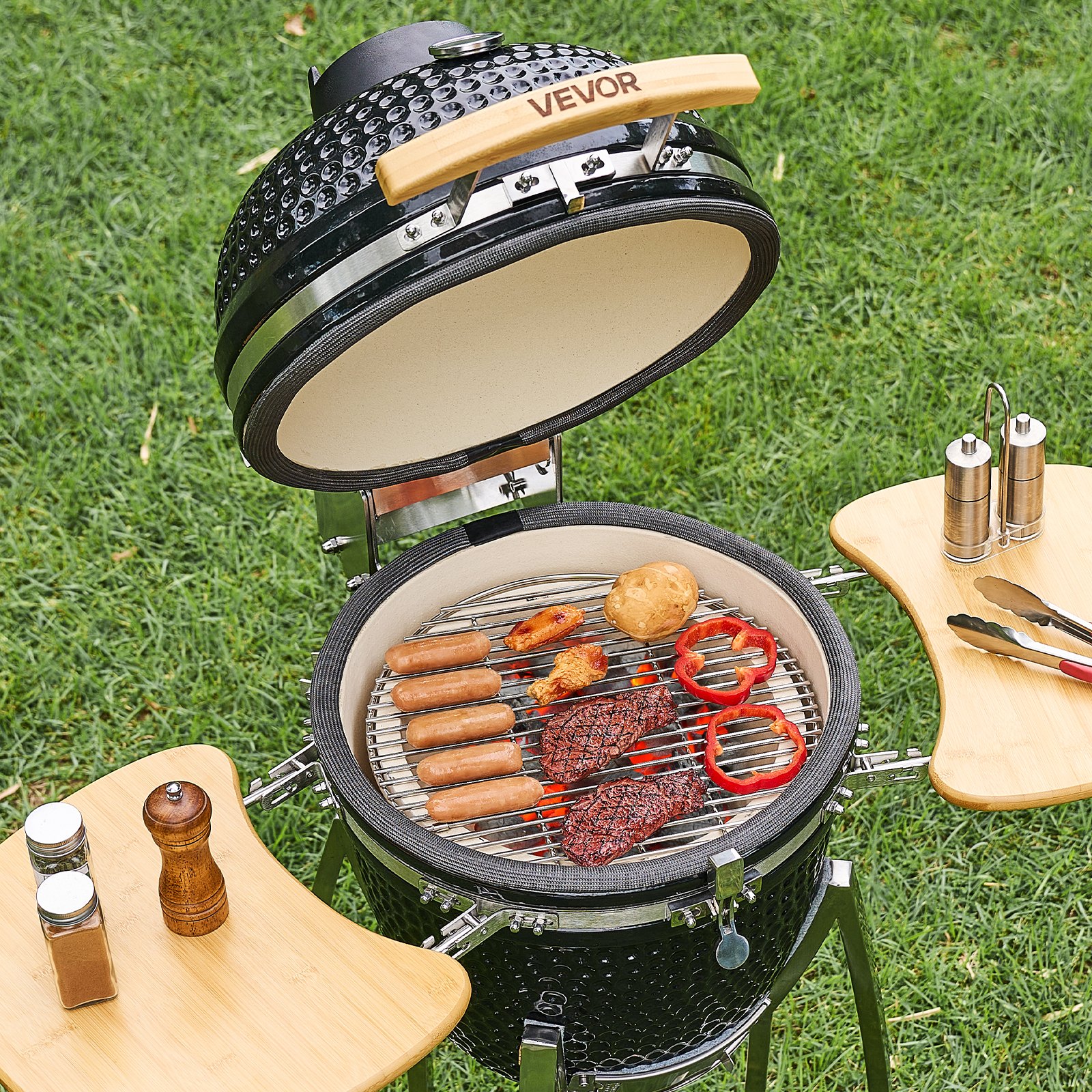 VEVOR Ahumador y Parrilla de Carbón, Parrilla de Cerámica Móvil con 4 Euedas, Termómetro Integrado, Rejillas de Ventilación y Estante Lateral para Cocinar al Aire Libre en el Patio, 1150 x 690 x 1120 mm