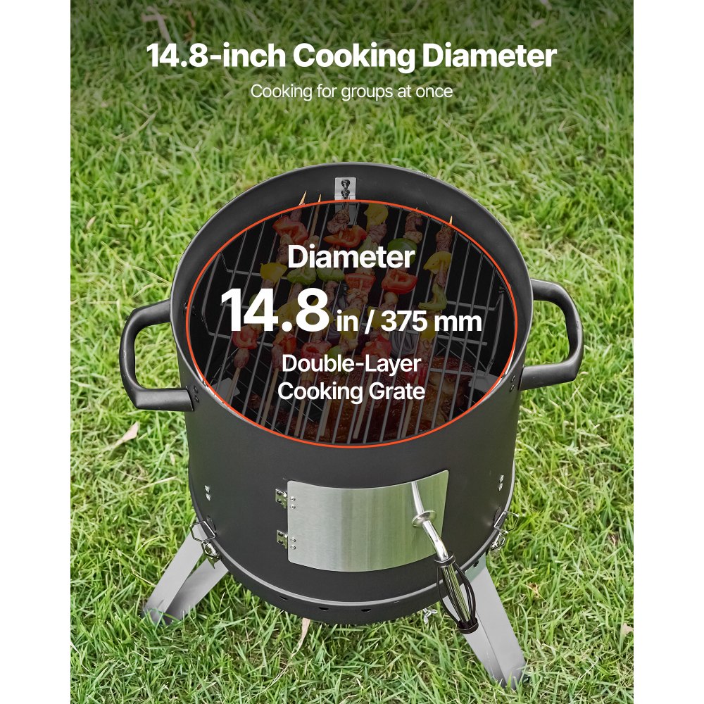 VEVOR Ahumador de Carbón, Parrilla Vertical de 40 cm, Acero Revestido, con 2 Rejillas de Cocción, Termómetro, Ventilación y Bandeja de Cenizas Extraíble, para Cocinar al Aire Libre en Fiestas