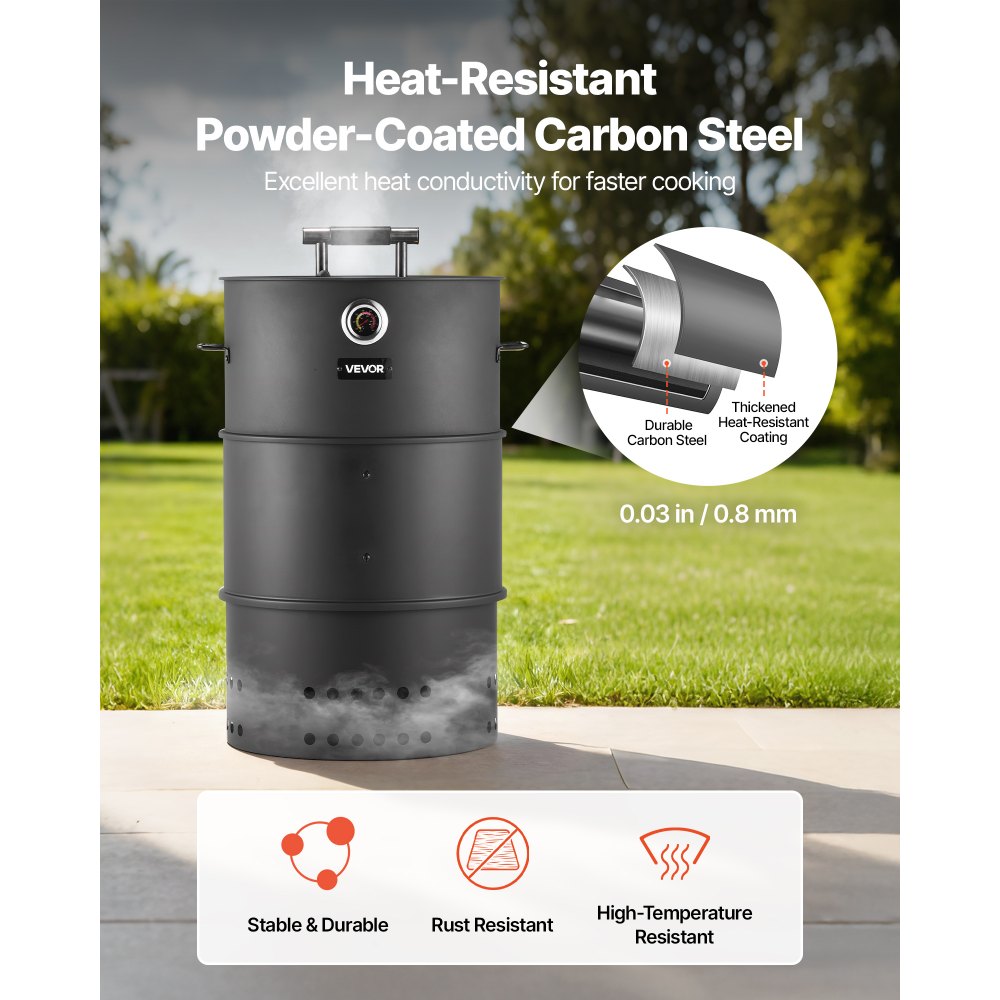 VEVOR Charcoal Smoker Grill, 470mm Barrel Charcoal BBQ Smoker, Coated Steel Outdoor Barbecue Grill with 2 Grilling Grates, 1 Hanging Rod, 6 Hooks & Thermometer, Ideal for Party Backyard Patio Cooking