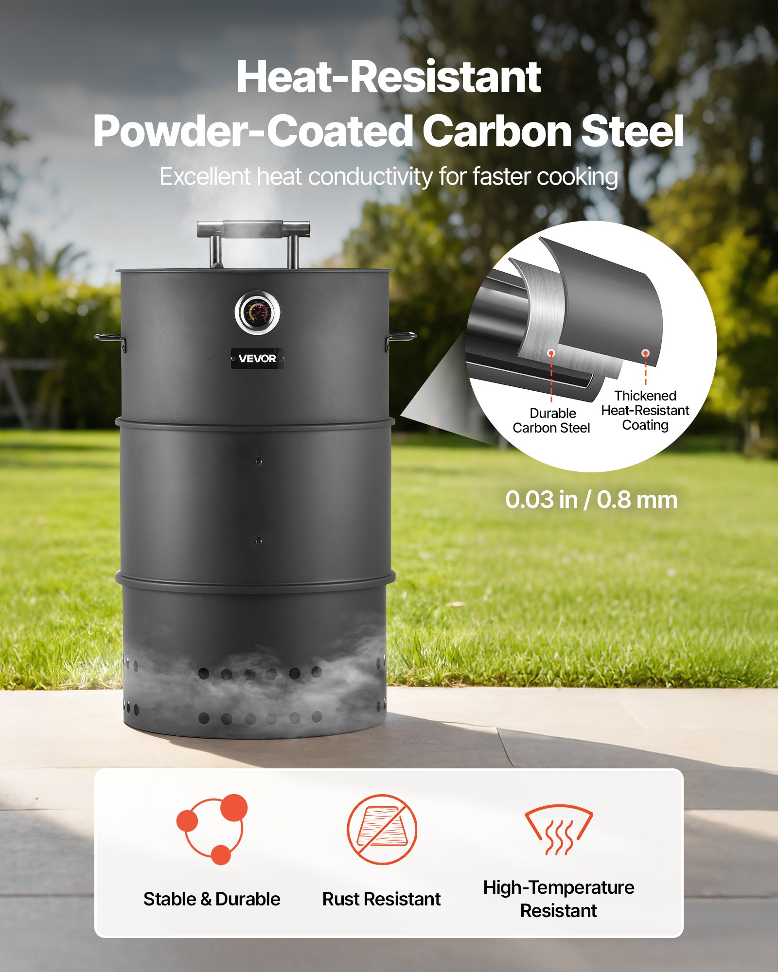 VEVOR Charcoal Smoker Grill, 470mm Barrel Charcoal BBQ Smoker, Coated Steel Outdoor Barbecue Grill with 2 Grilling Grates, 1 Hanging Rod, 6 Hooks & Thermometer, Ideal for Party Backyard Patio Cooking