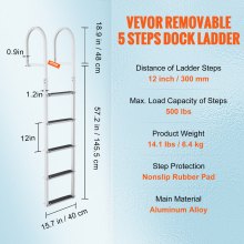VEVOR Escalera de Muelle 5 Escalones Extraíbles Escalera de Pontón de Aleación de Aluminio Carga de 226 kg Escalón de 78 mm Alfombrilla de Goma Antideslizante para Embarque en Barco, Lago, Piscina