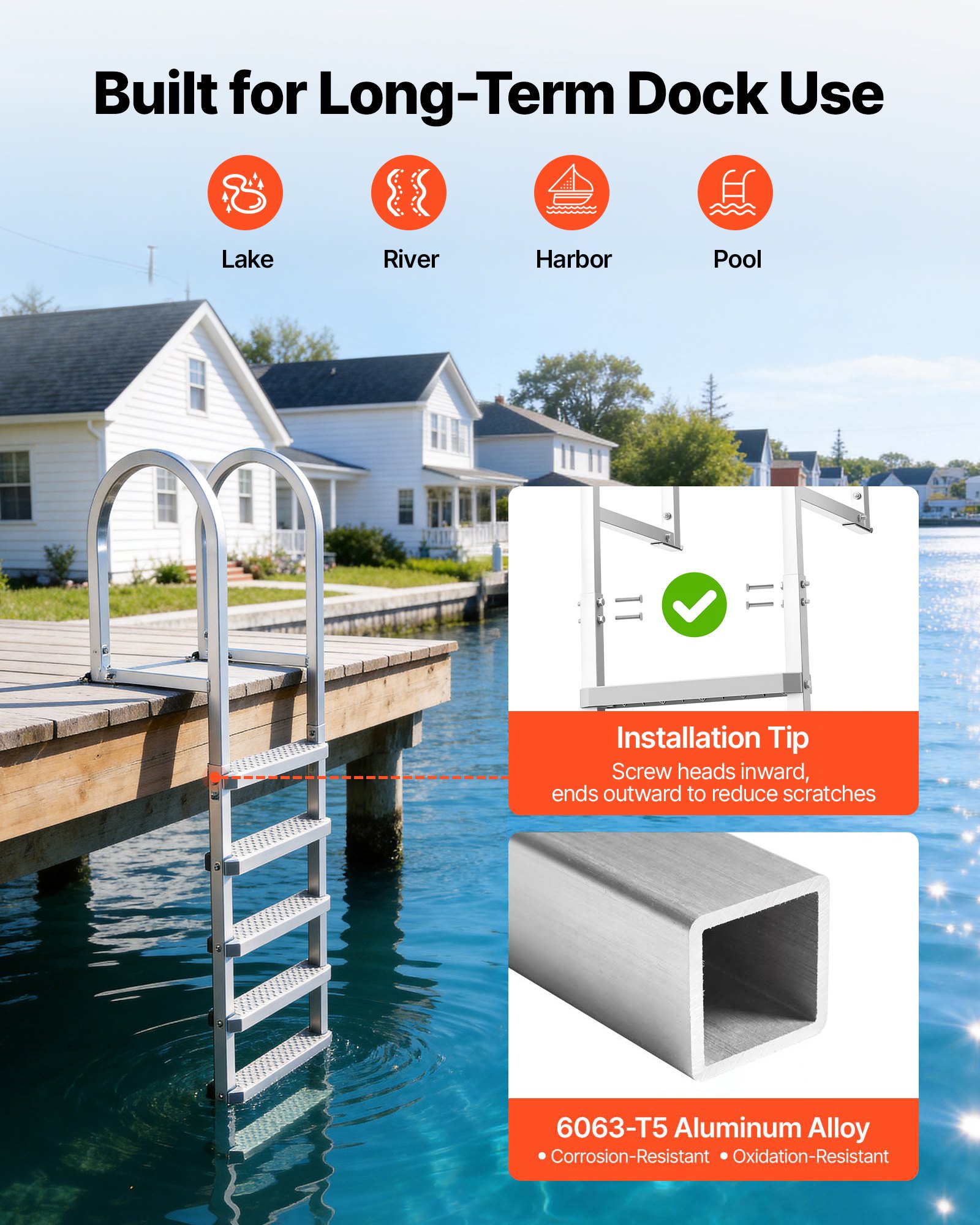 VEVOR Escalera de Muelle Desmontable con 5 Peldaños Antideslizantes de PP, Escalera de Pontón de Aleación de Aluminio con Pasamanos, Soporta 227 kg, Uso en Embarcaciones Piscinas Lago Barcos Natación
