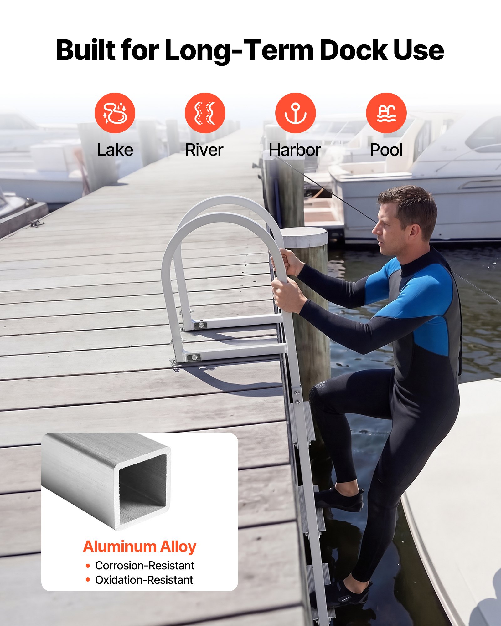 VEVOR Escalera de Muelle de Aleación de Aluminio, Soporta 227 kg con 4 Peldaños Antideslizantes de PP, Escalera de Pontón Desmontable con Pasamanos, Uso en Piscinas Barcos Lago Natación Embarcaciones
