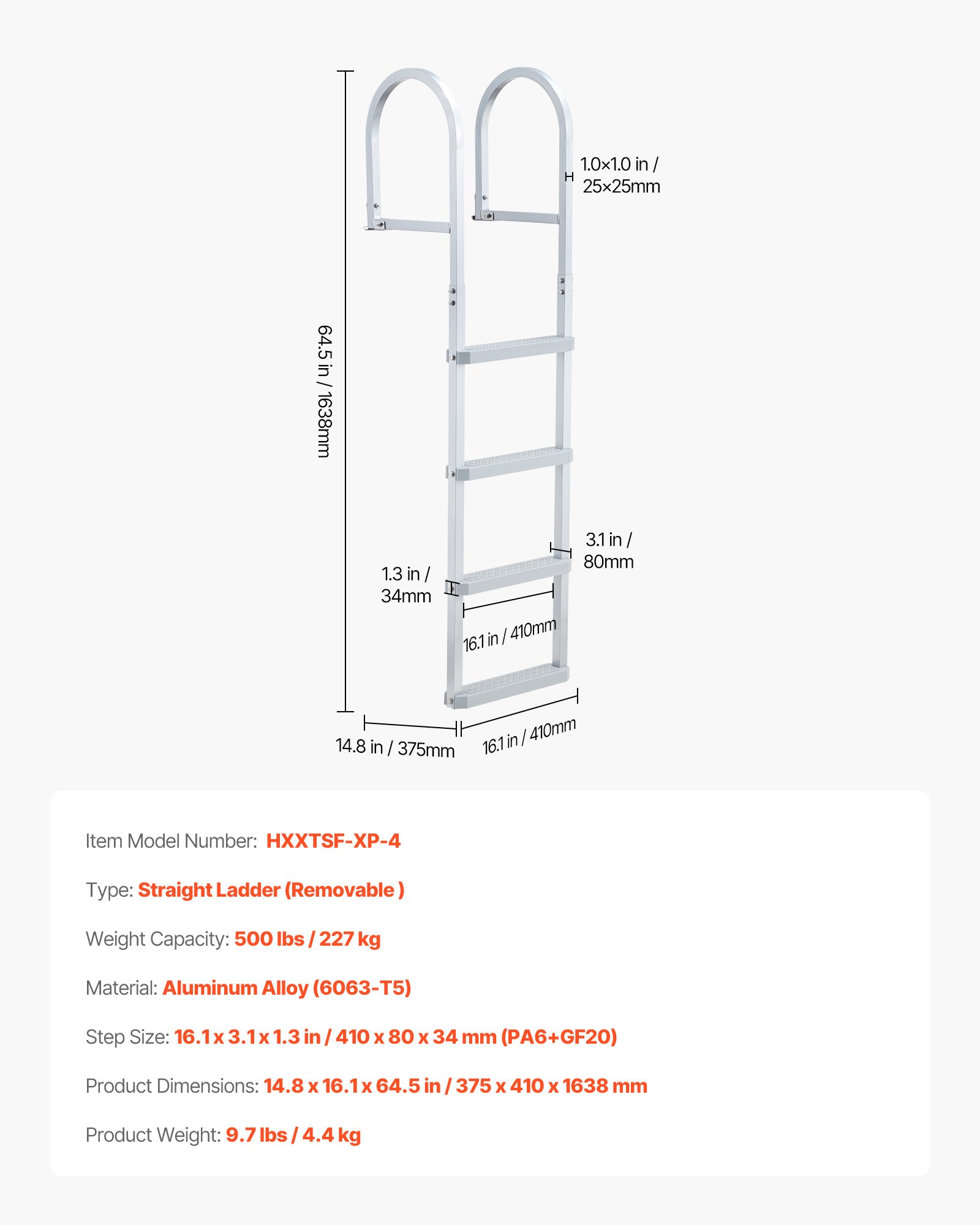VEVOR Escalera de Muelle Desmontable de Aleación de Aluminio con 4 Peldaños Antideslizantes de PP, Escalera de Pontón con Pasamanos, Soporta 227 kg, Uso en Embarcaciones Piscinas Lago Barcos Natación