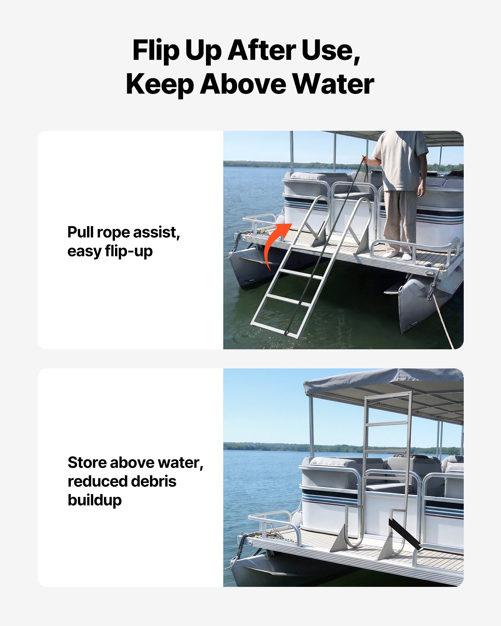 VEVOR Escalera de Muelle 540 x 50 mm con 4 Peldaños Antideslizantes de Aleación de Aluminio, Escalera de Pontón Abatible con Pasamanos, Cuerda, Soporta 159 kg, para Piscinas Embarcaciones Barcos Lago
