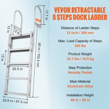 VEVOR Escalera de Muelle Retráctil 5 Peldaños Carga de 158kg Escalera de Pontón para Barco Aleación de Aluminio Altura Ajustable 1700-2005 mm Peldaño de 101 mm Alfombrilla de Goma para Embarque, Barco